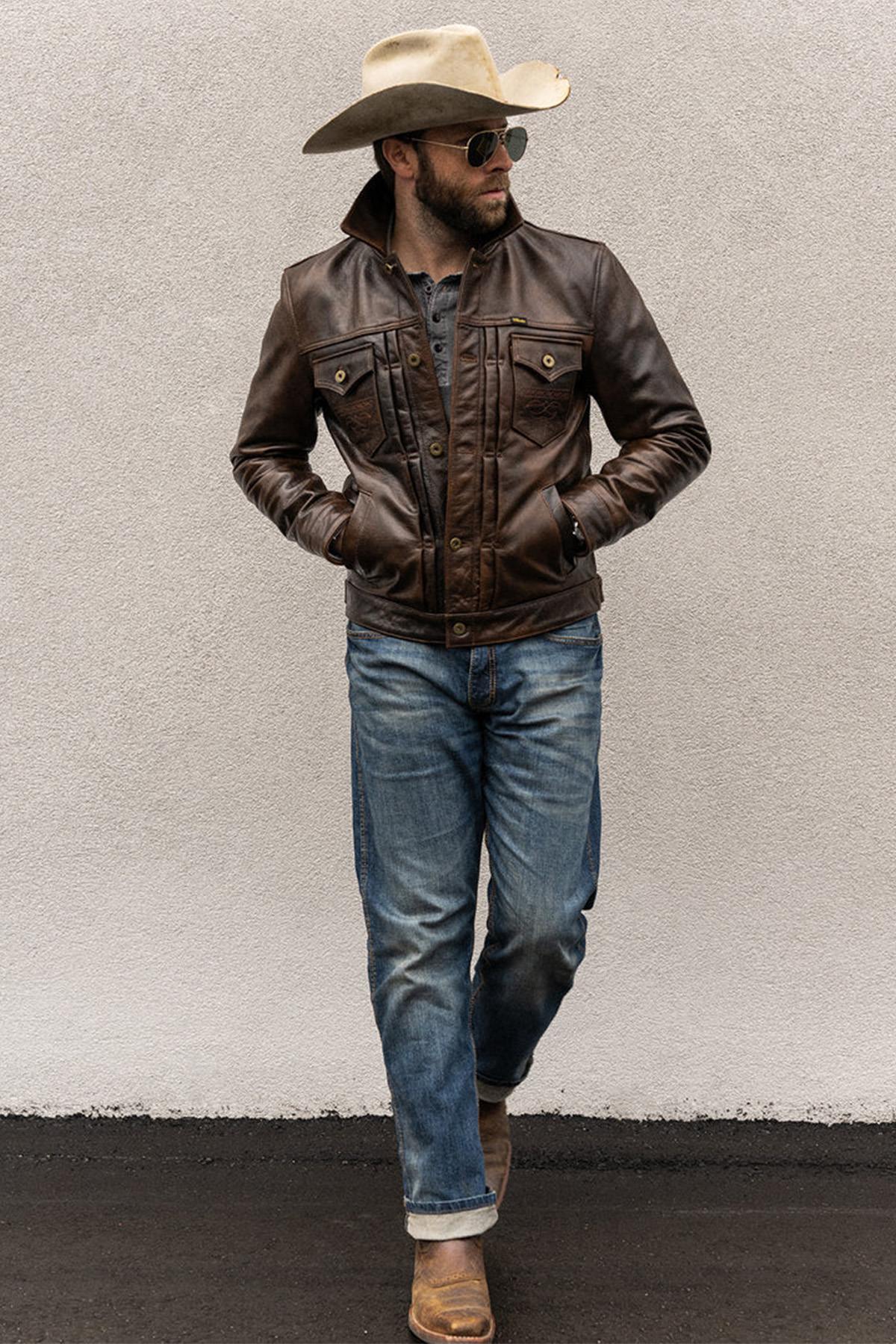 Distressed look trucker style leather jacket - Image n°12