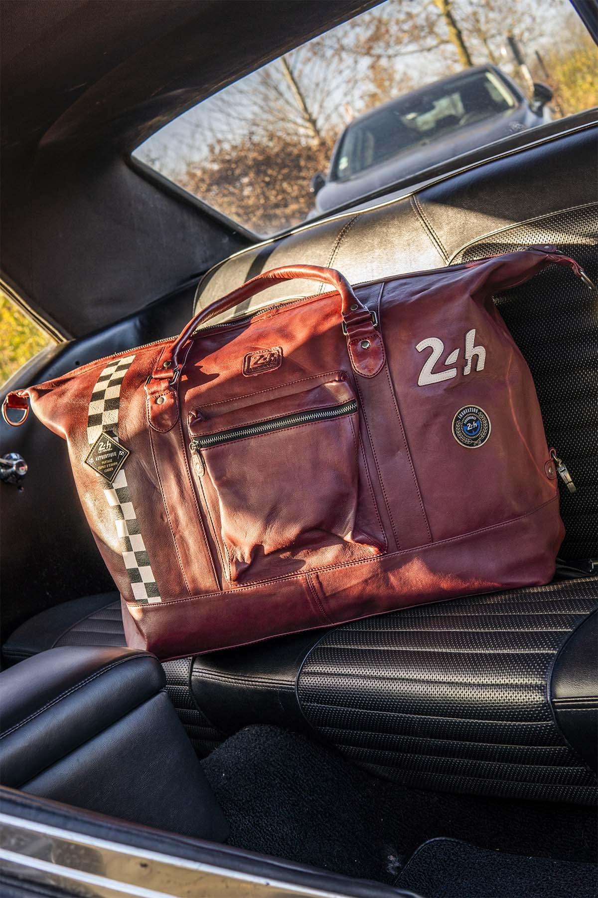 Large dark red leather travel bag with Racing stripe - Image n°8