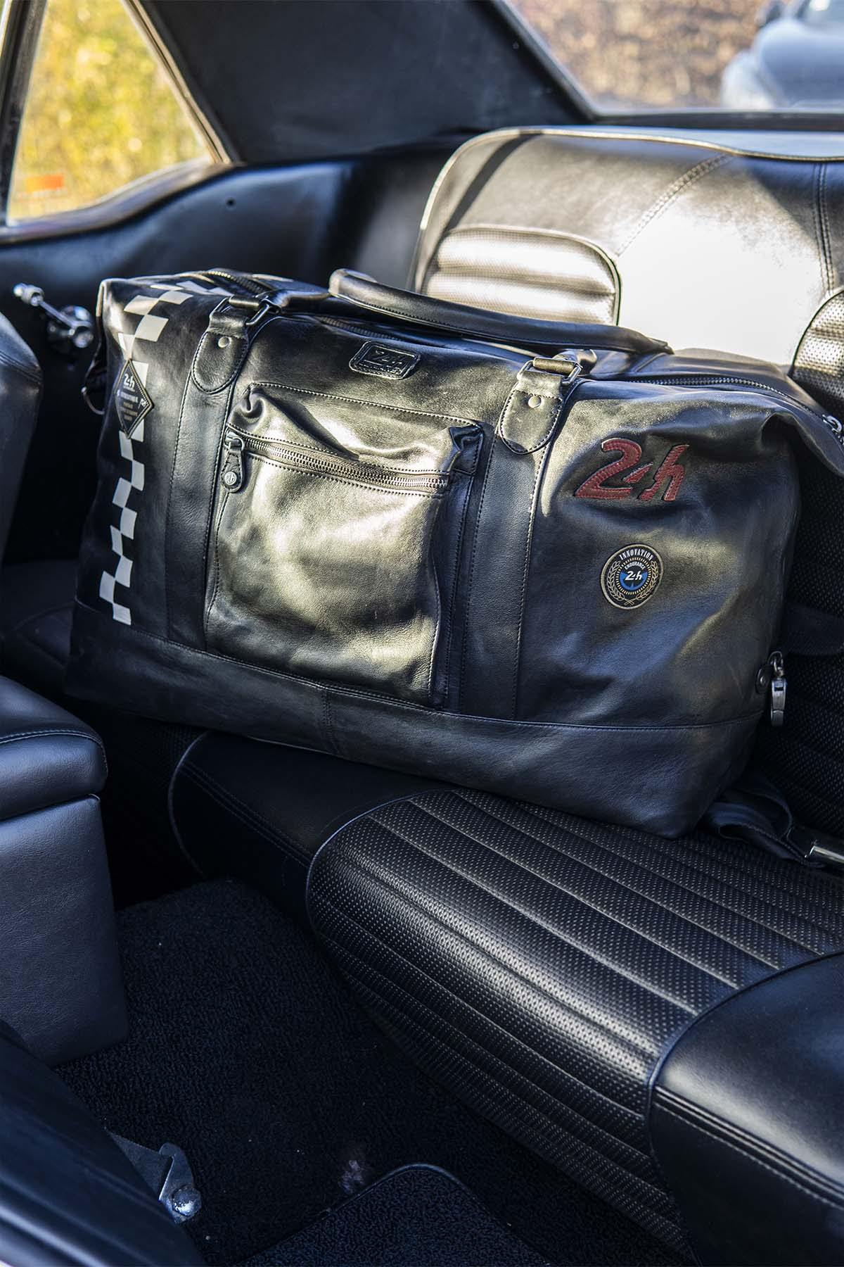 Large black leather travel bag with Racing stripe - Image n°2