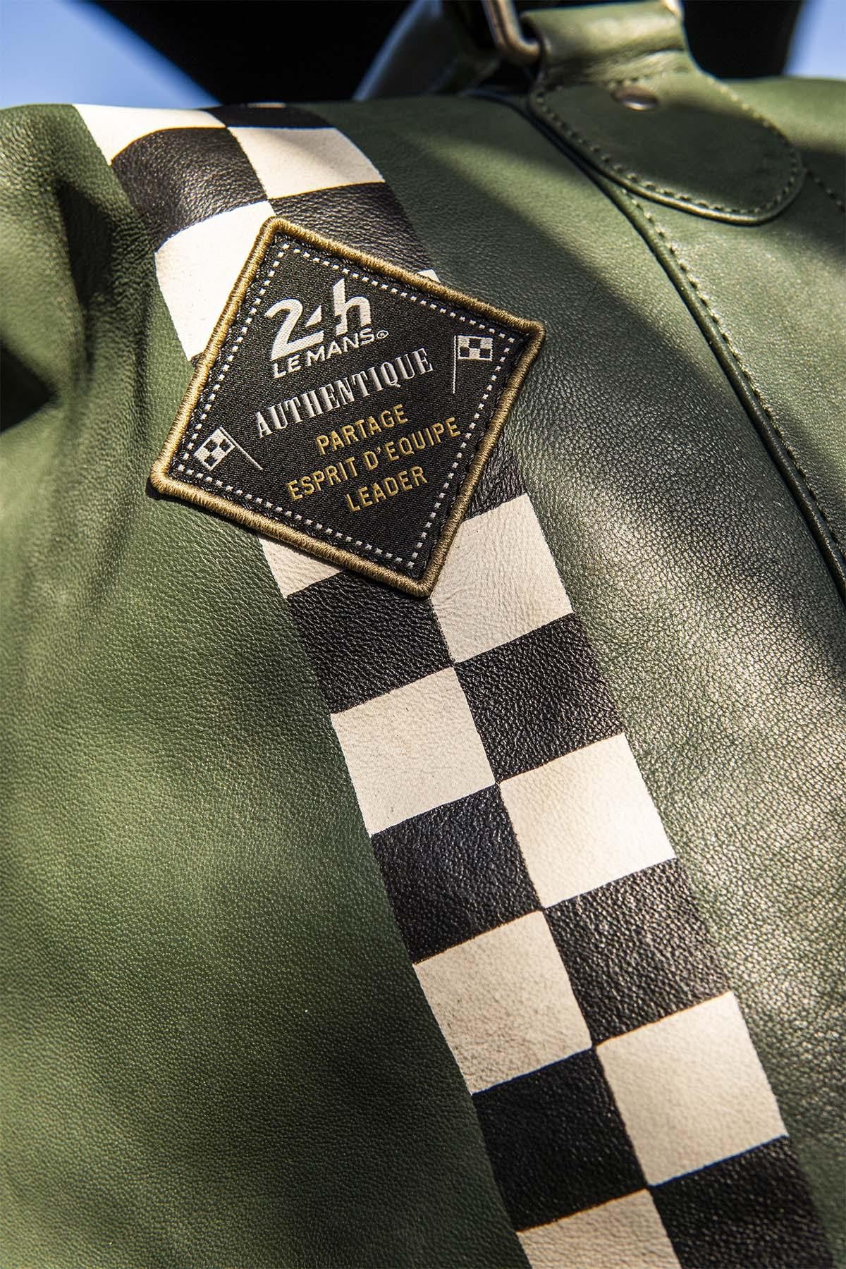 Green leather travel bag with racing checkerboard - Image n°3