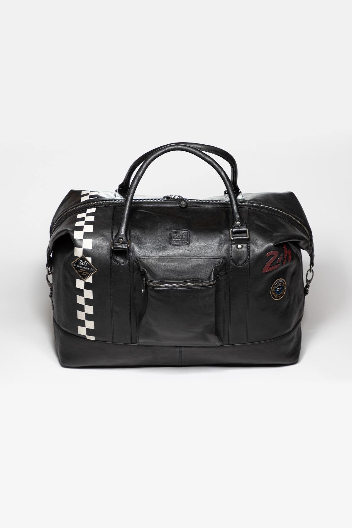 Large black leather travel bag with Racing stripe - Image n°1