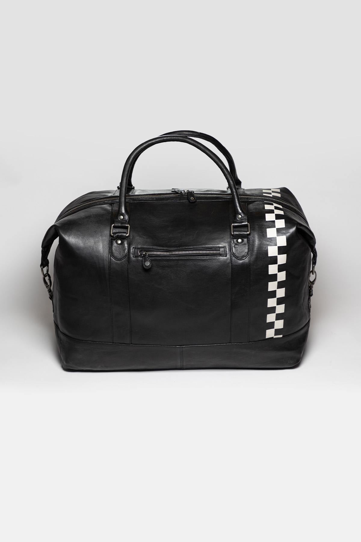 Large black leather travel bag with Racing stripe - Image n°3