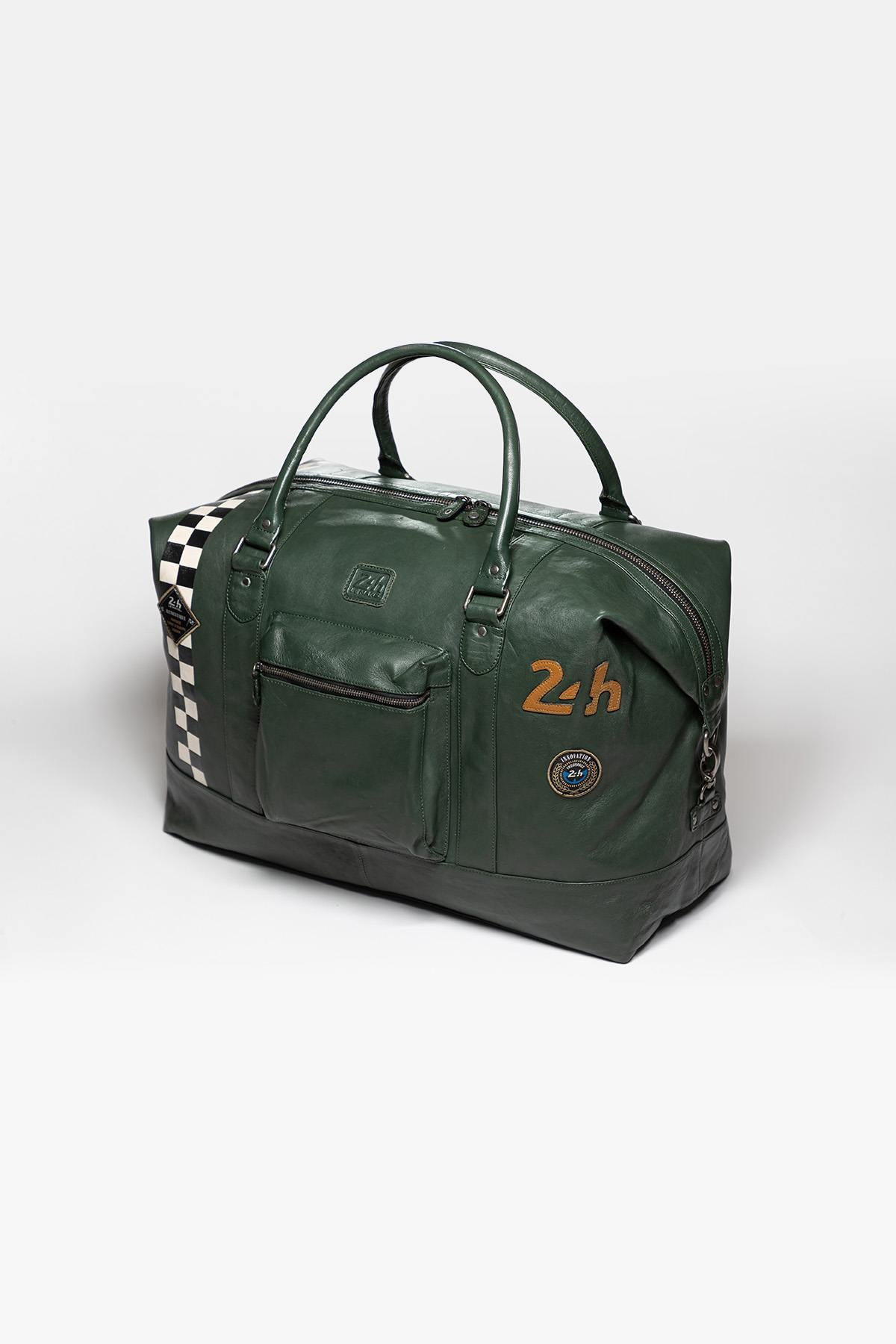 Large green leather travel bag with Racing stripe - Image n°3