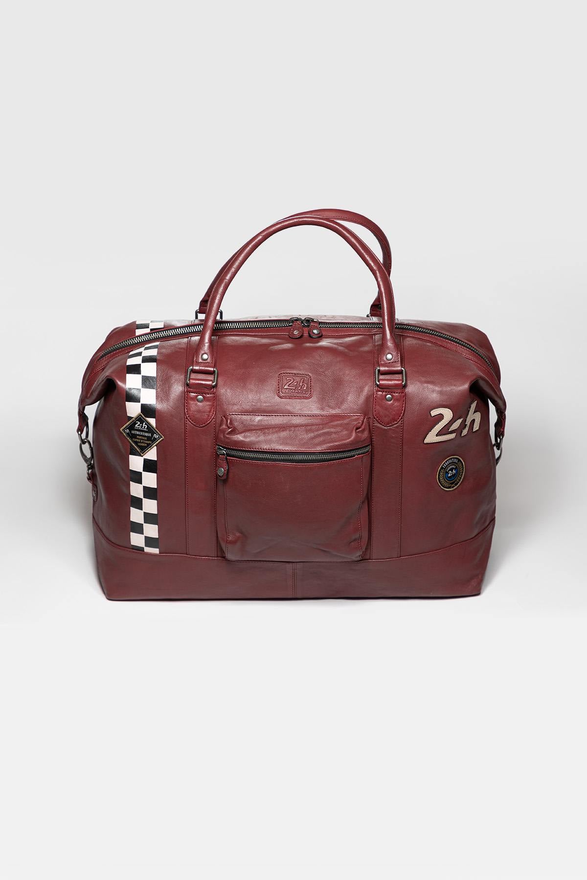 Large dark red leather travel bag with Racing stripe - Image n°1