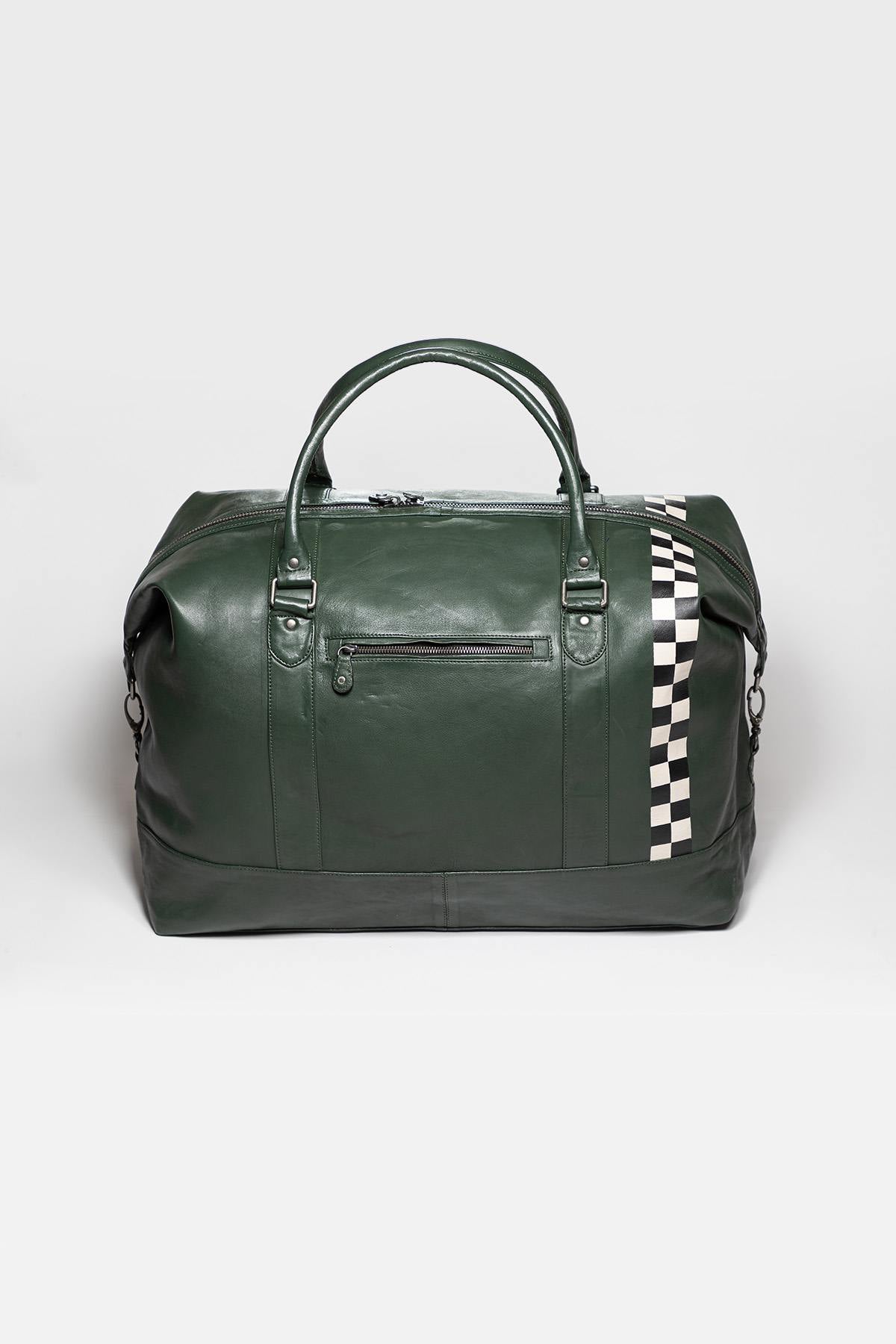 Large green leather travel bag with Racing stripe - Image n°7