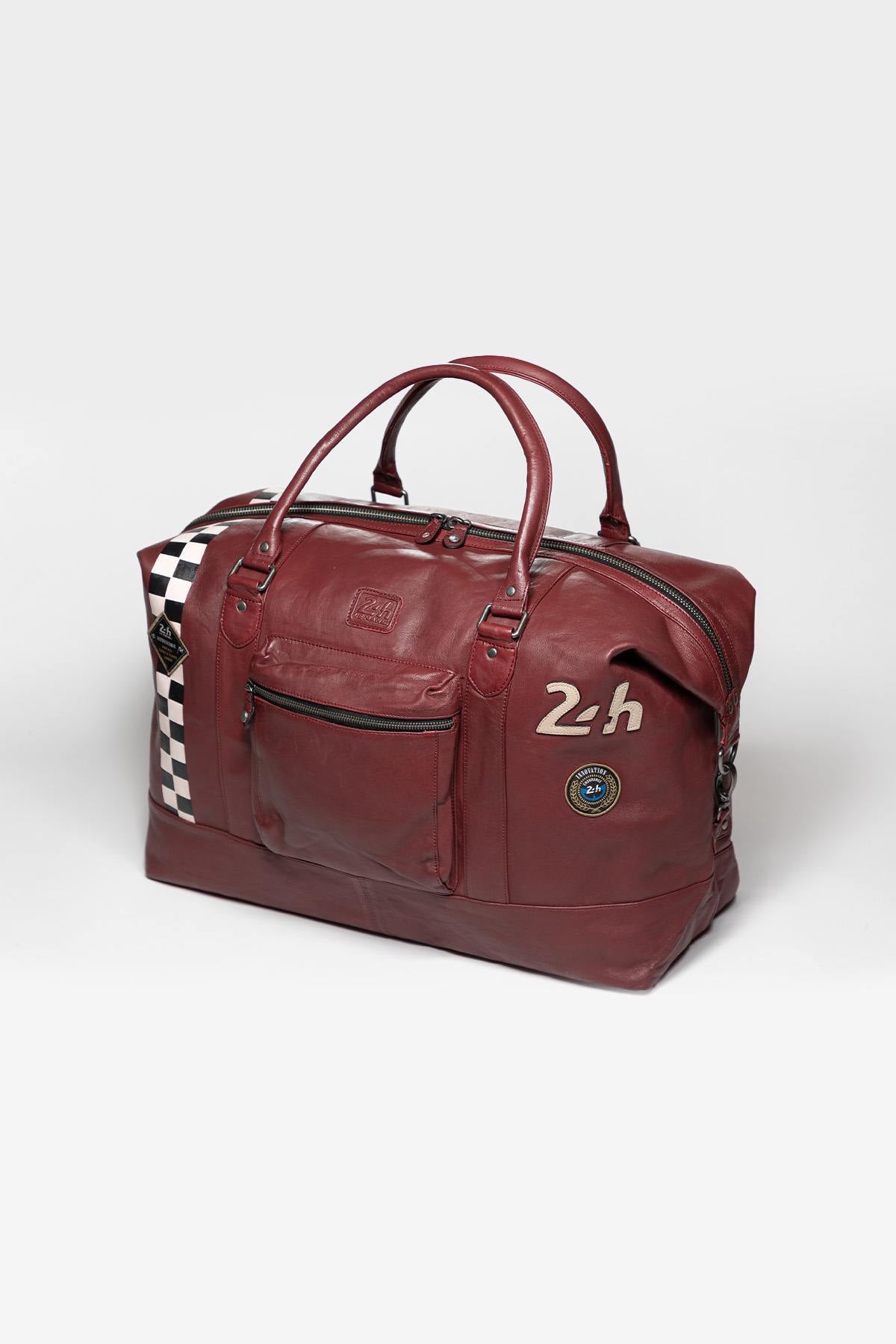 Large dark red leather travel bag with Racing stripe - Image n°3