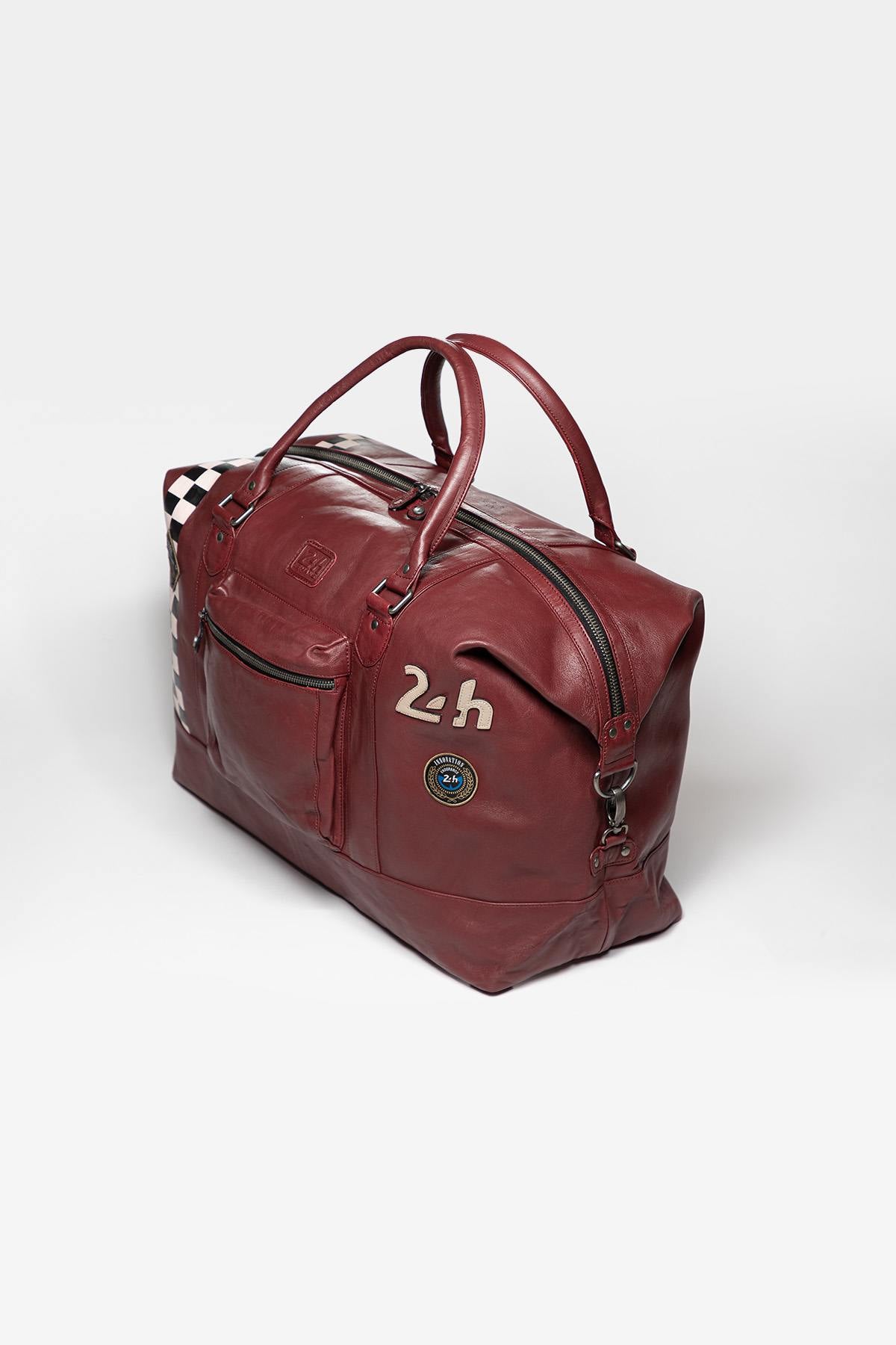 Large dark red leather travel bag with Racing stripe - Image n°9