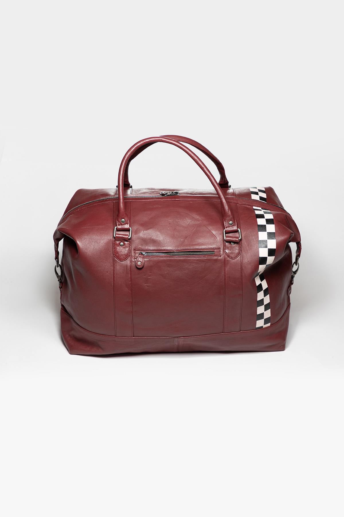 Large dark red leather travel bag with Racing stripe - Image n°5