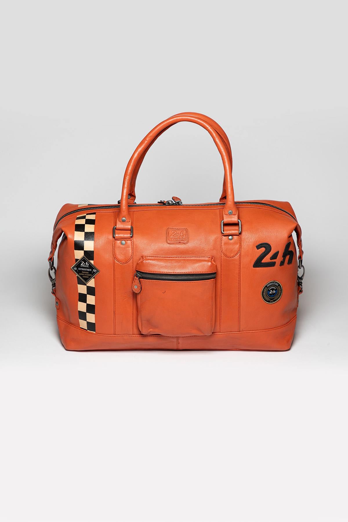 Orange leather travel bag with racing checkerboard - Image n°2