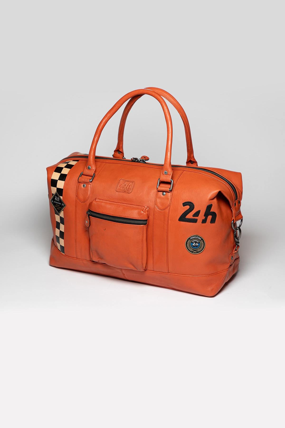 Orange leather travel bag with racing checkerboard - Image n°5