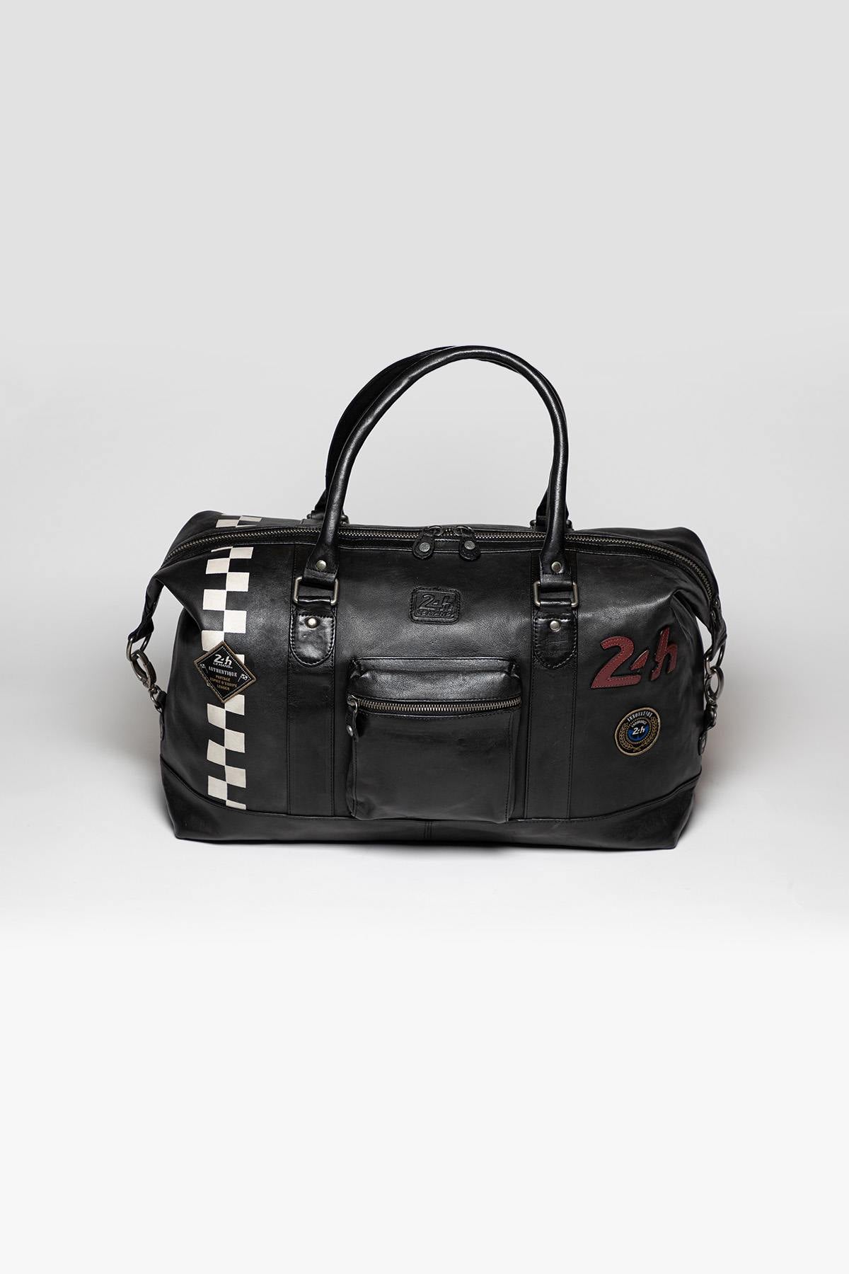 Black leather travel bag with racing checkerboard - Image n°1