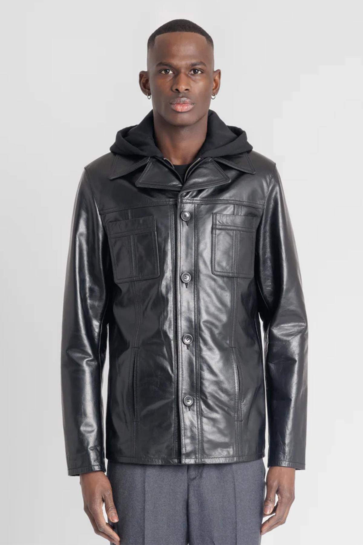 Black buffalo leather jacket with removable hood - Image n°1