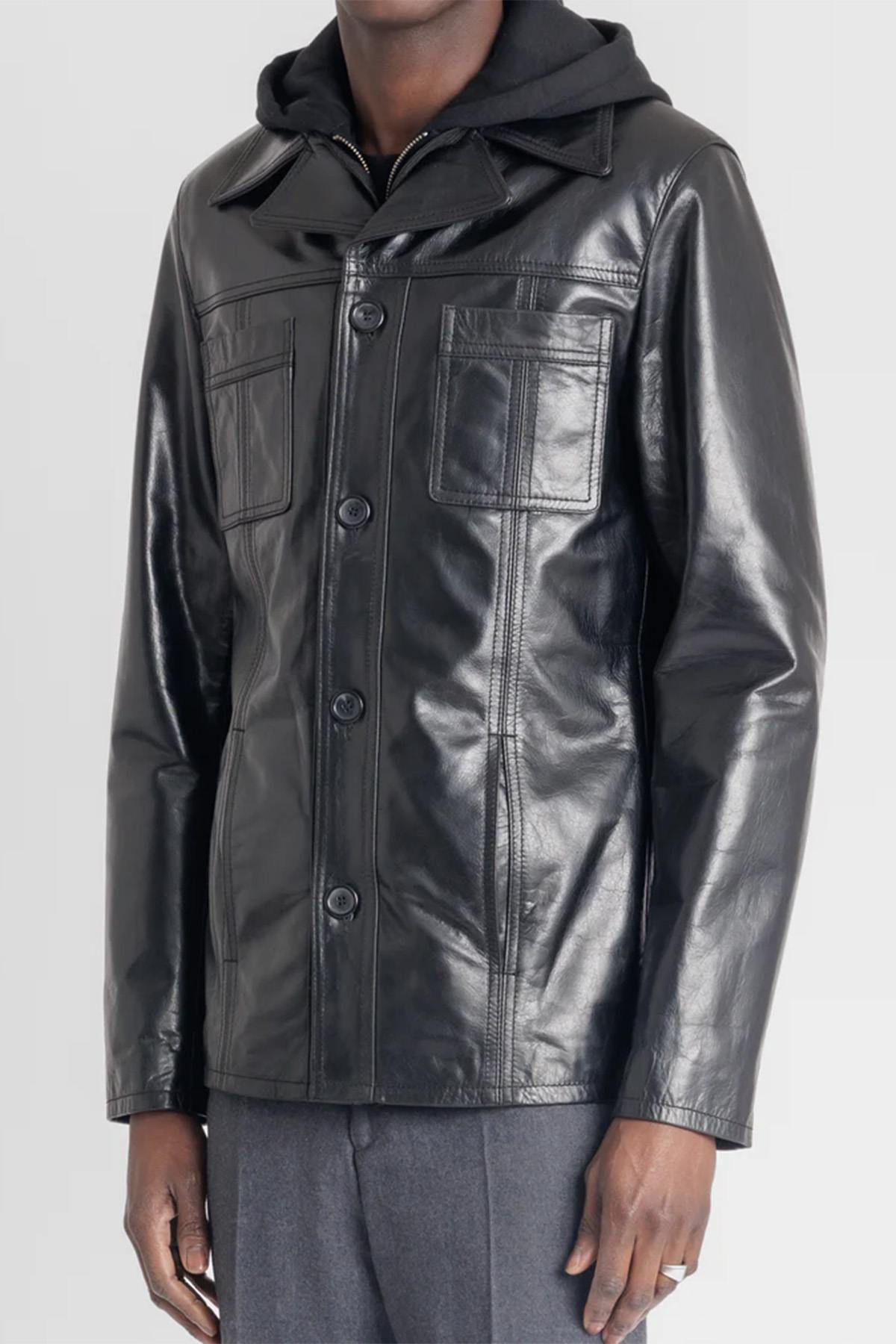 Black buffalo leather jacket with removable hood - Image n°7