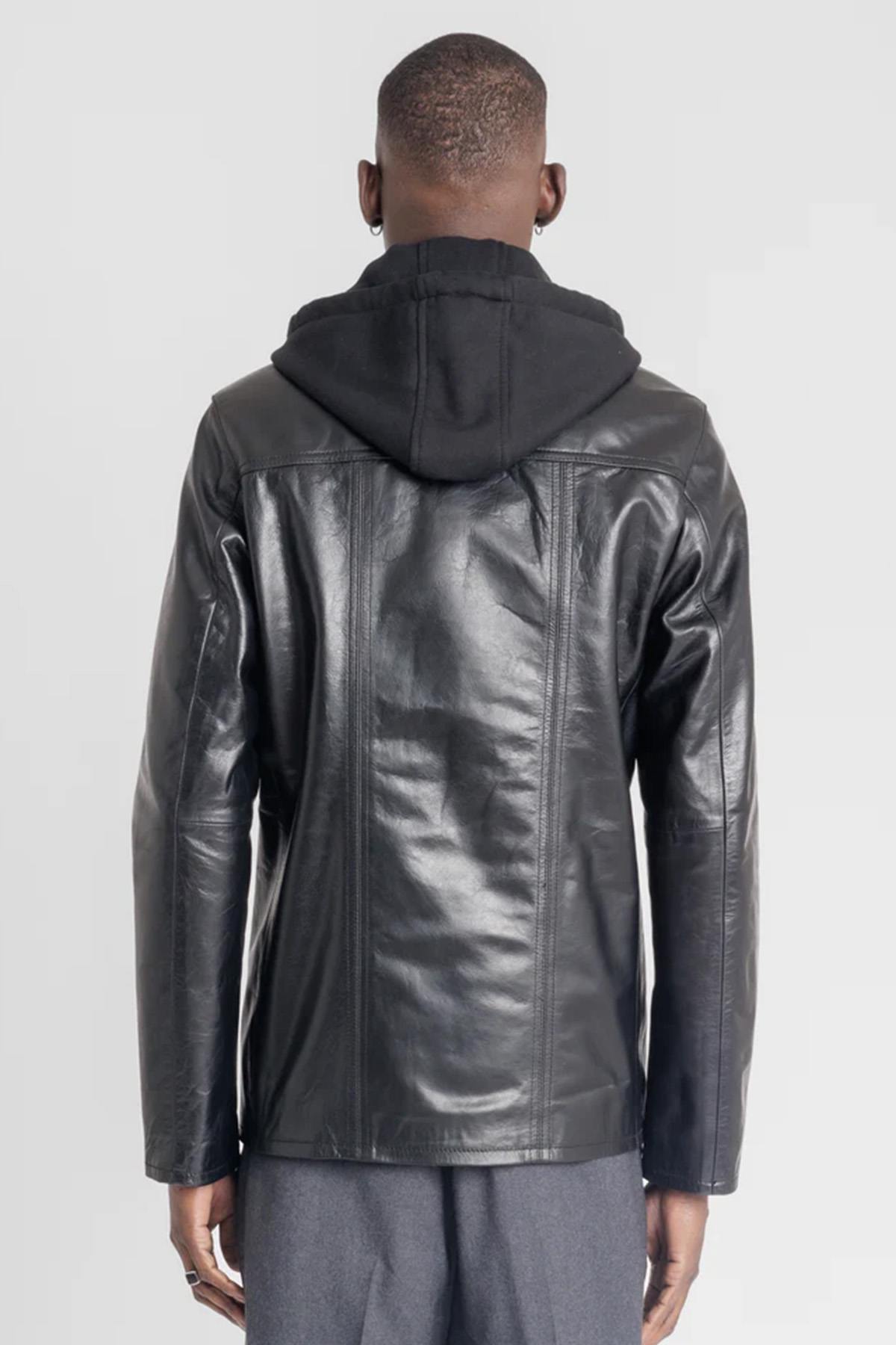 Black buffalo leather jacket with removable hood - Image n°2