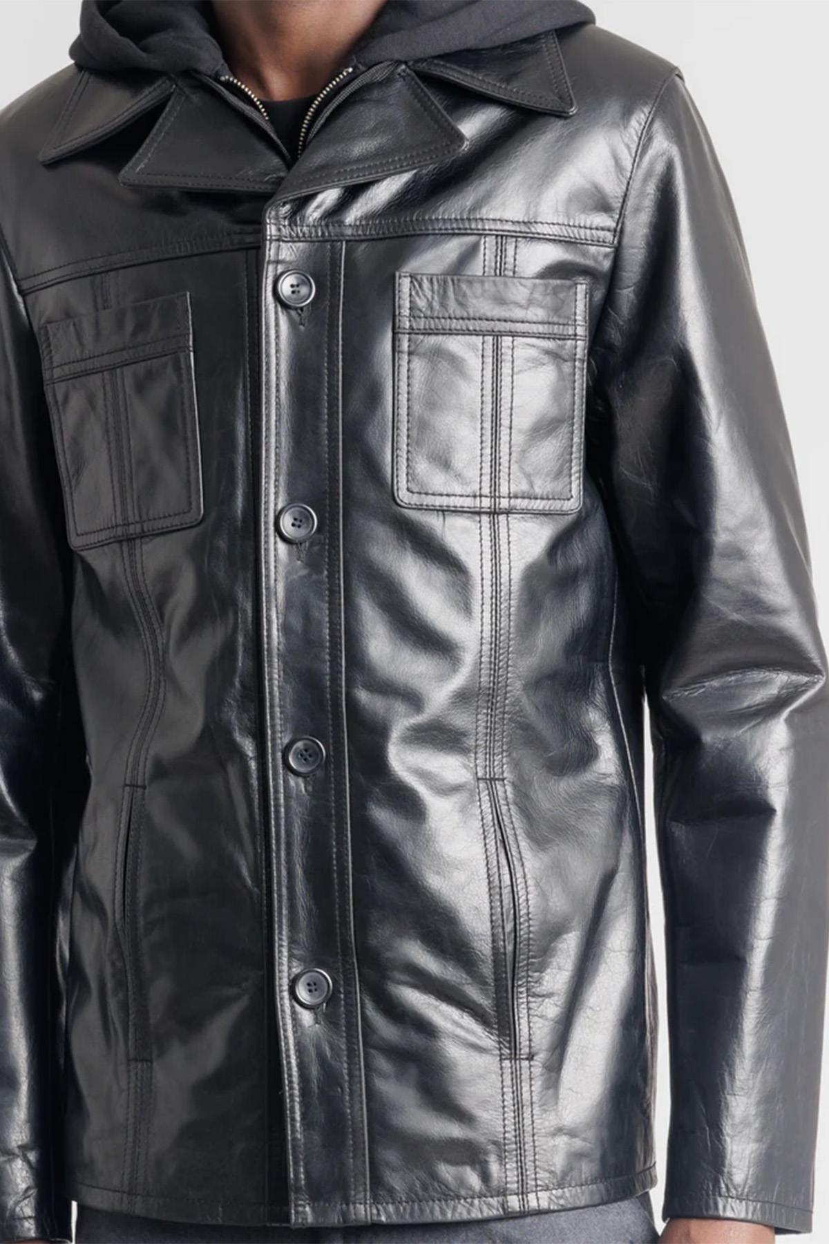 Black buffalo leather jacket with removable hood - Image n°4