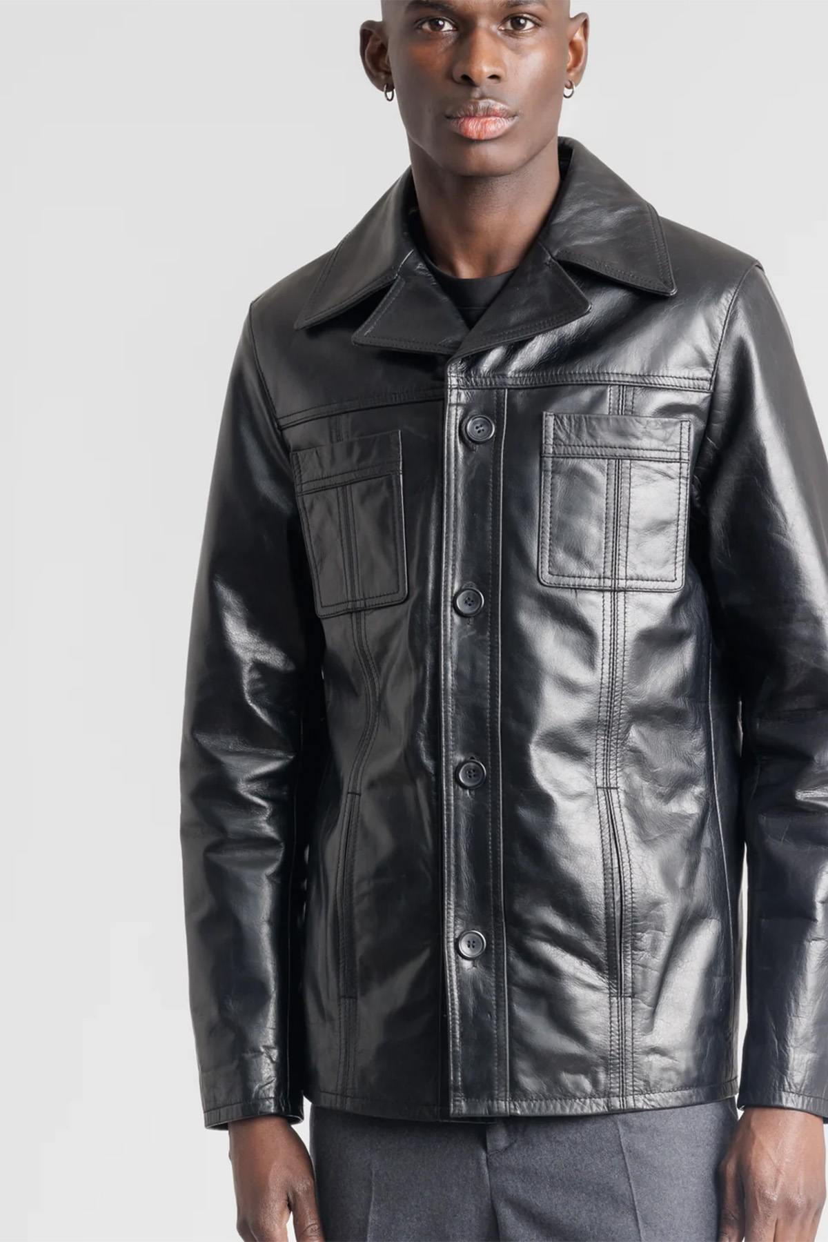 Black buffalo leather jacket with removable hood - Image n°8