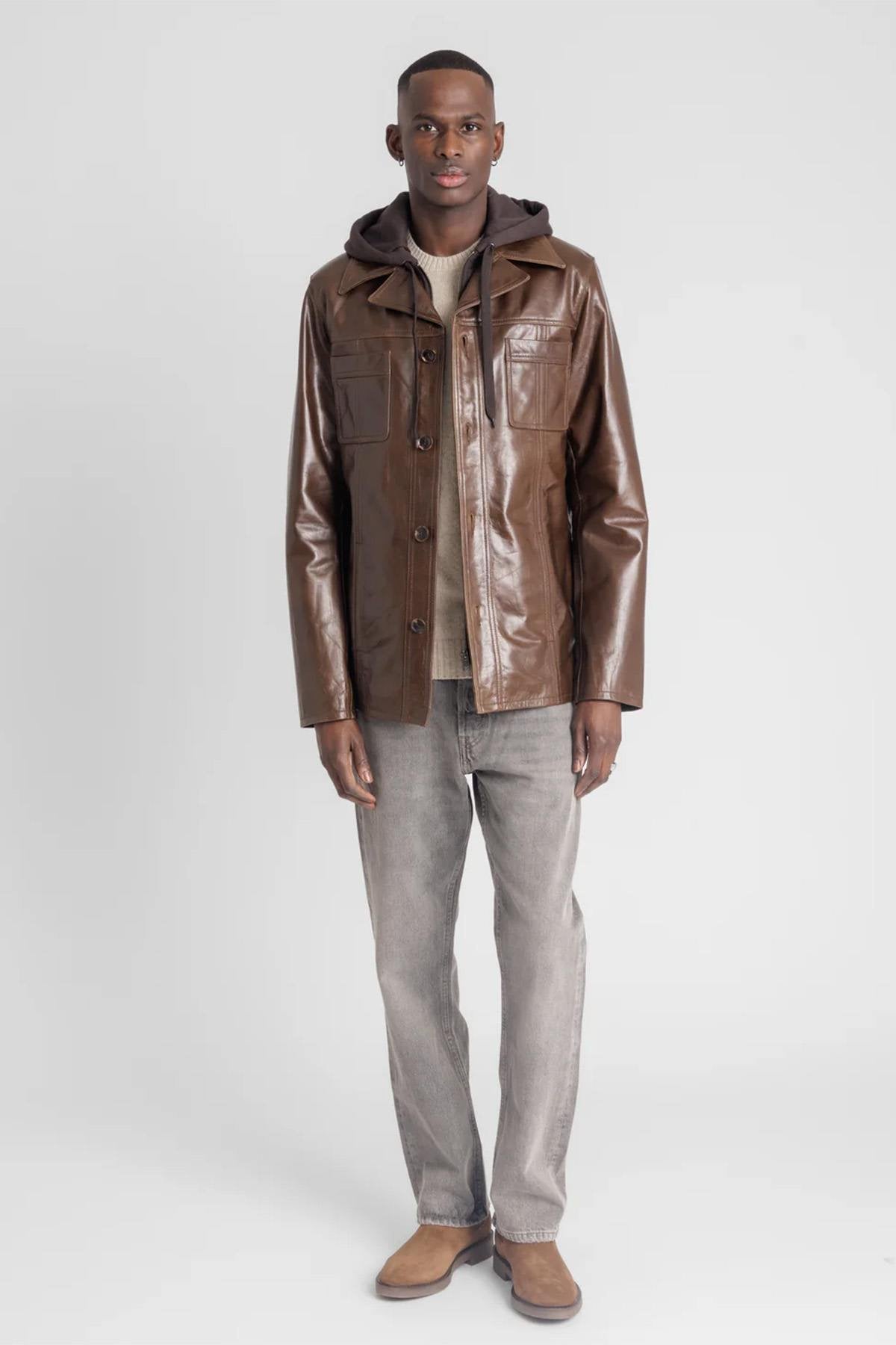 Mocha buffalo leather jacket with removable hood - Image n°3