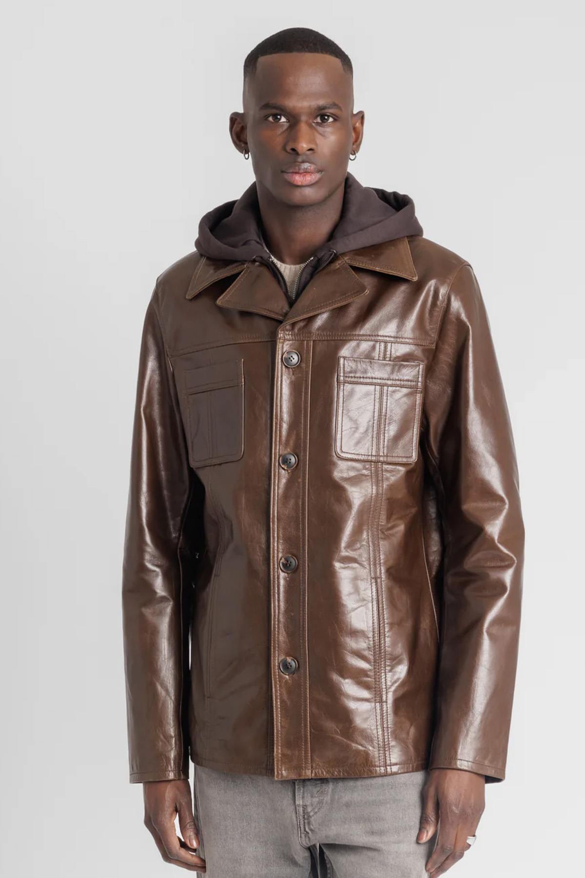 Mocha buffalo leather jacket with removable hood - Image n°1