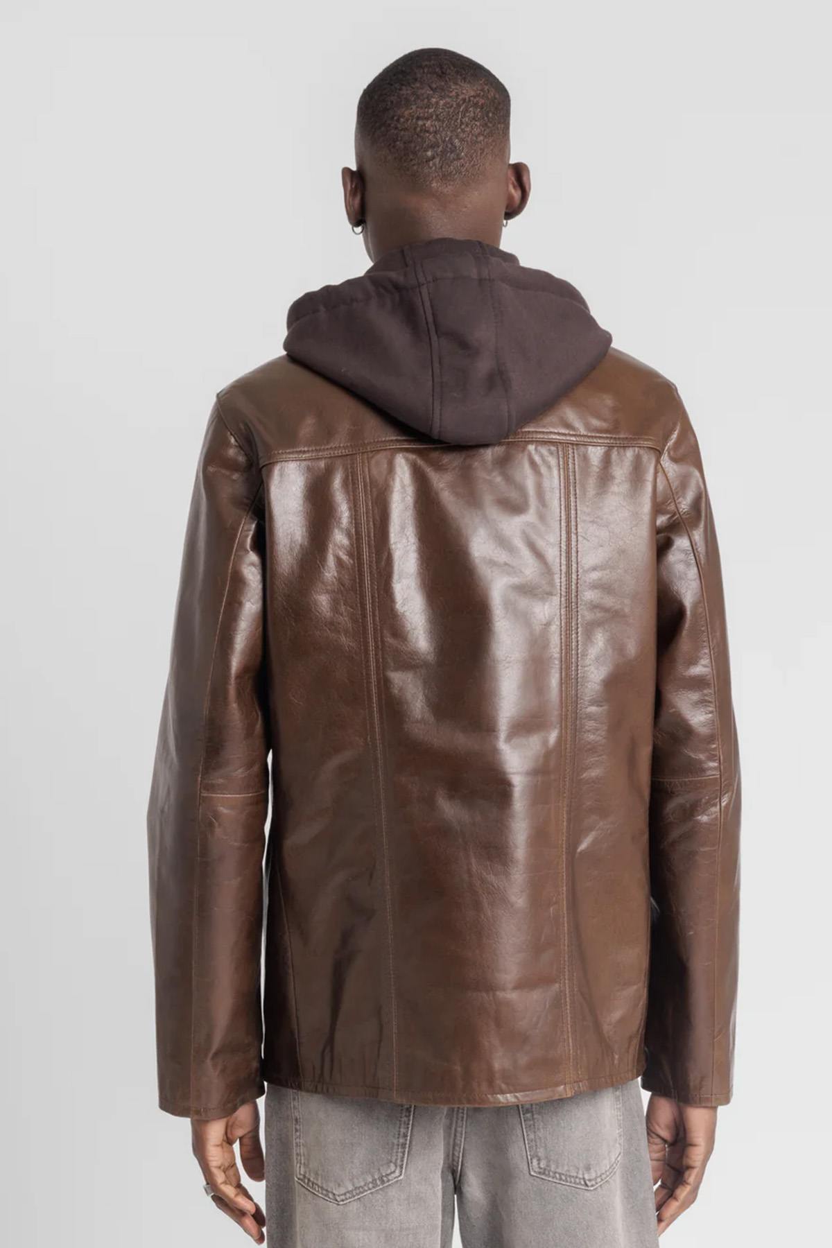 Mocha buffalo leather jacket with removable hood - Image n°2