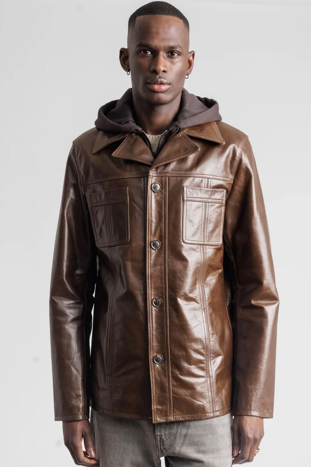 Mocha buffalo leather jacket with removable hood - Image n°4