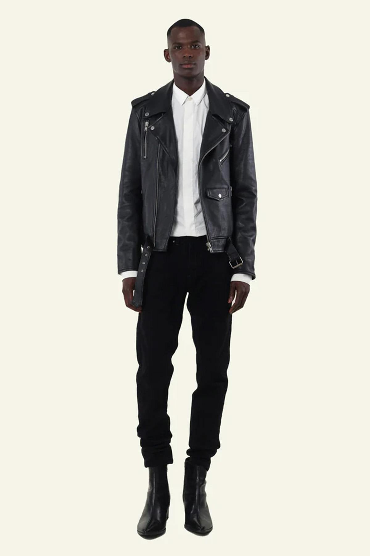 Men's black leather biker jacket with belt - Image n°5