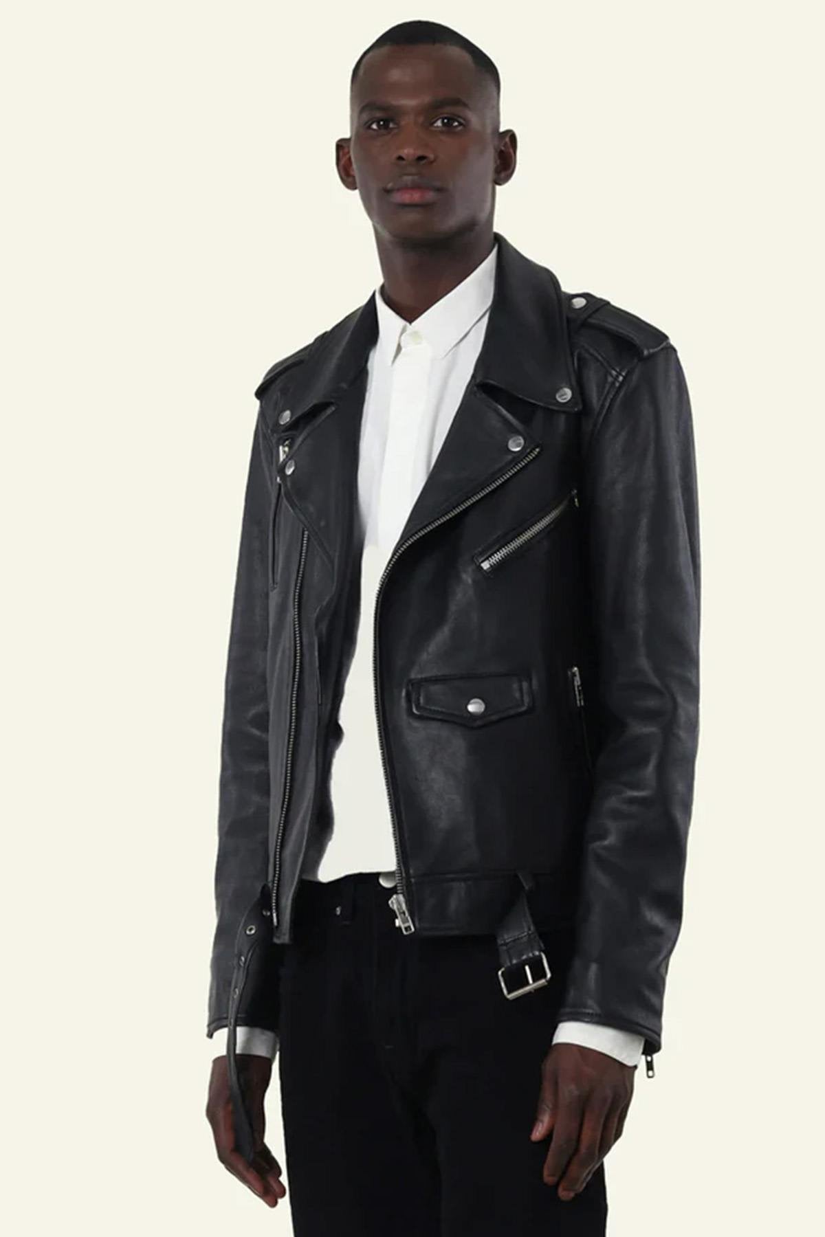 Men's black leather biker jacket with belt - Image n°1