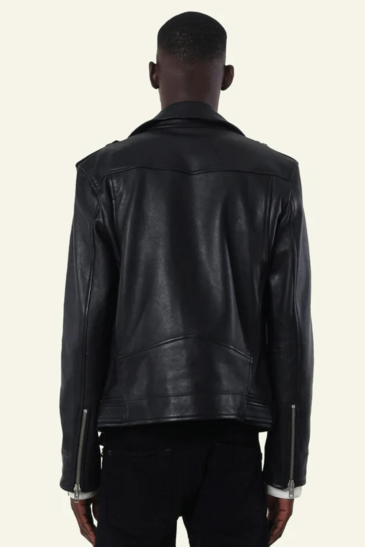 Men's black leather biker jacket with belt - Image n°2