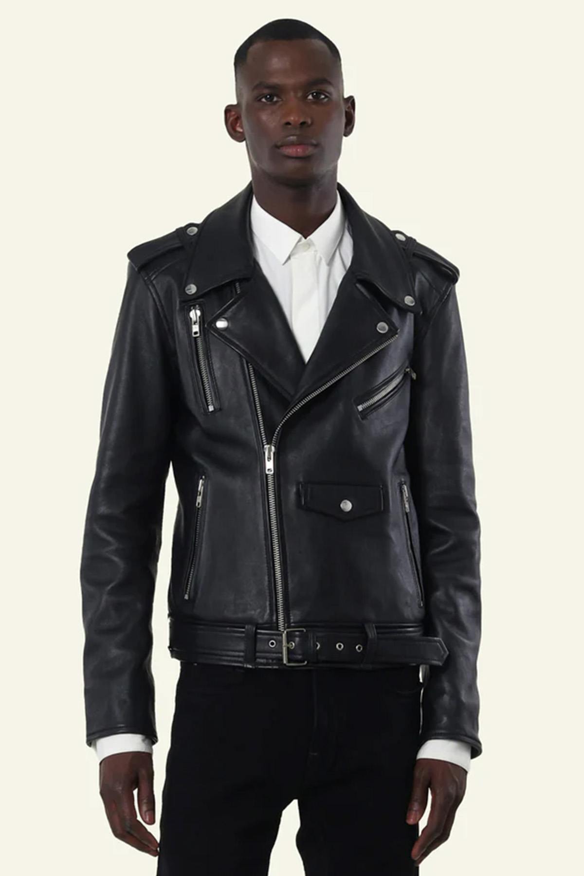 Men's black leather biker jacket with belt - Image n°3