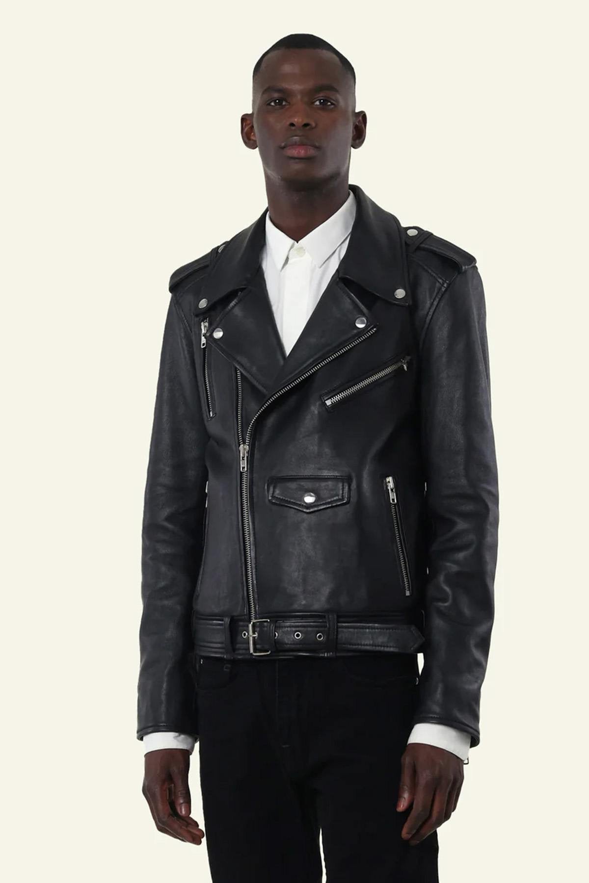 Men's black leather biker jacket with belt - Image n°6