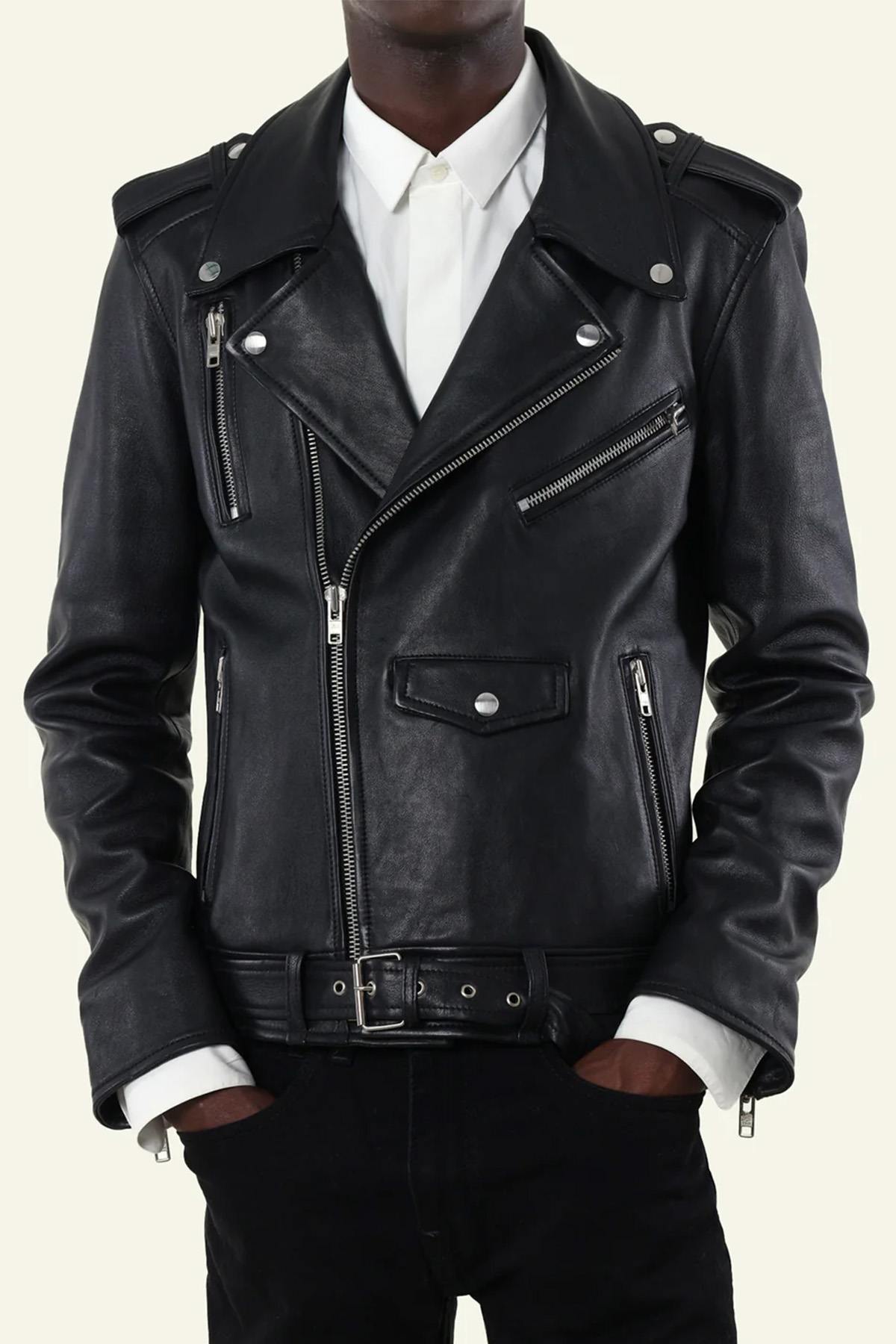 Men's black leather biker jacket with belt - Image n°4