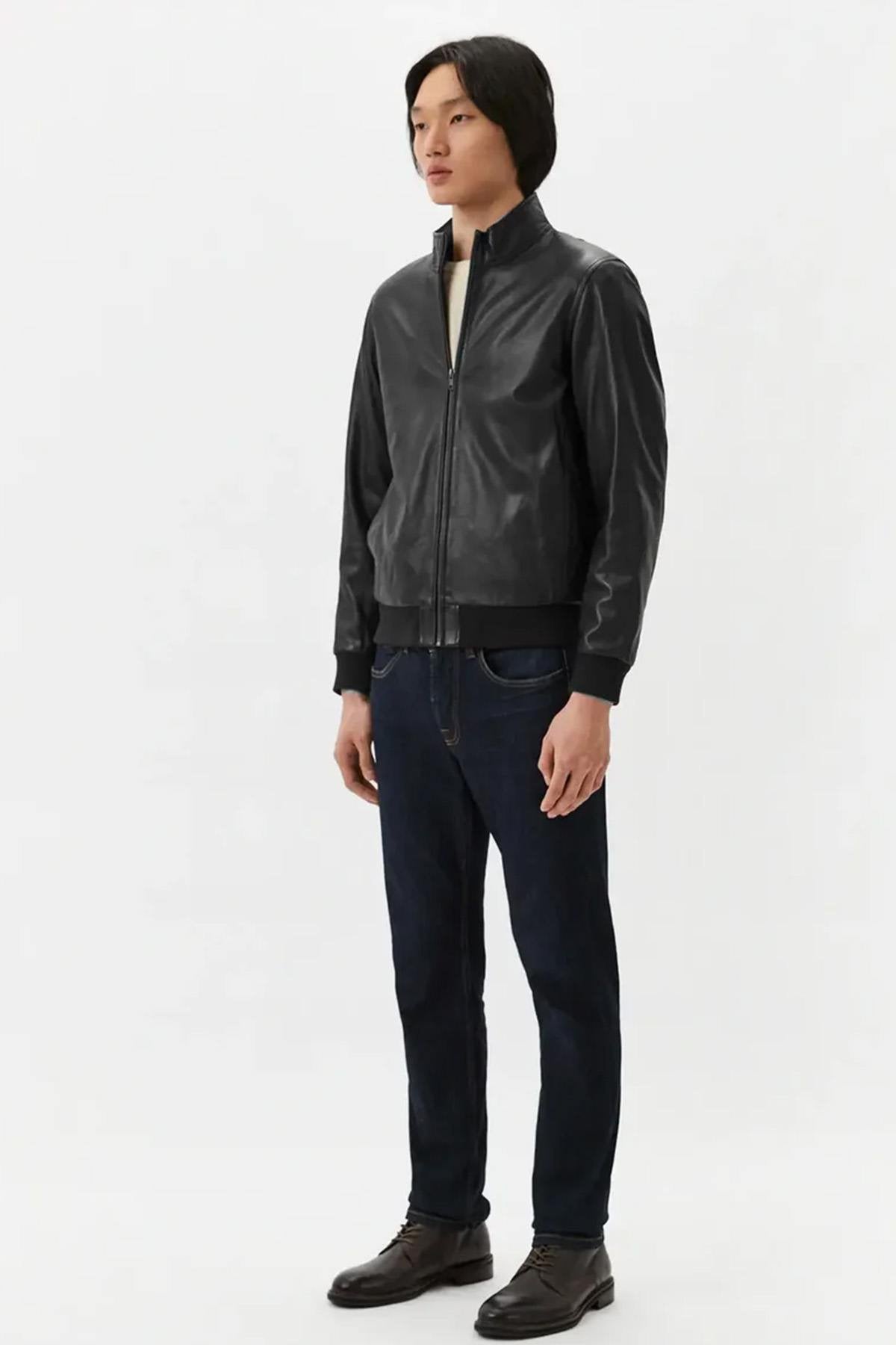 Black leather jacket with stand-up collar and ribbed edges - Image n°4