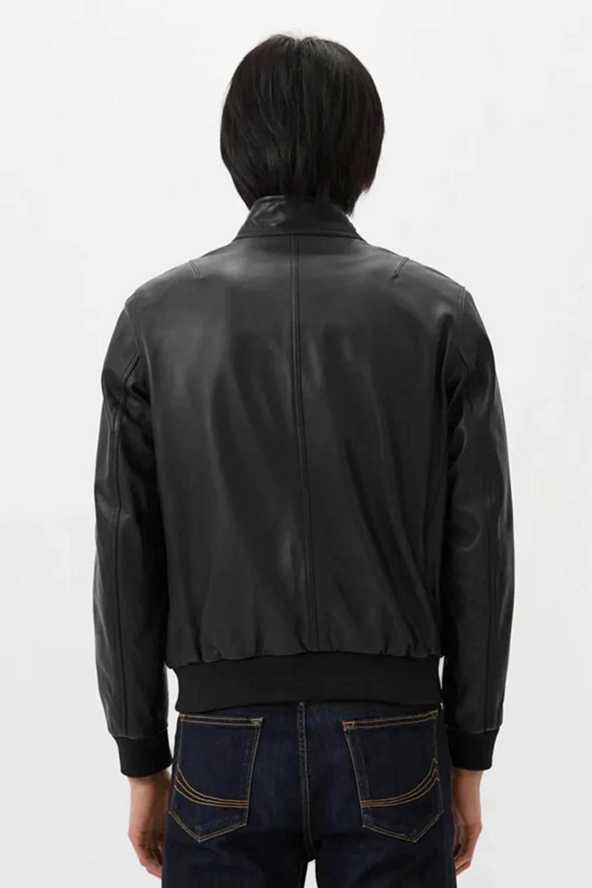 Black leather jacket with stand-up collar and ribbed edges - Image n°2