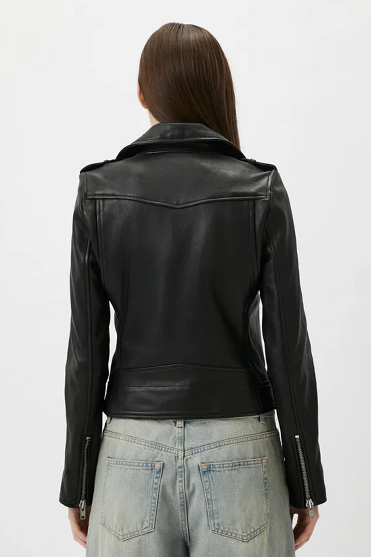 Women's black leather biker jacket with belt - Image n°4