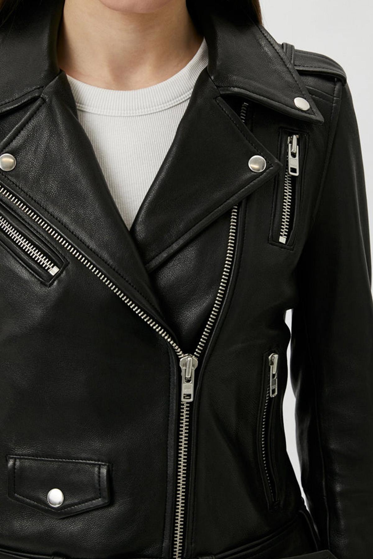 Women's black leather biker jacket with belt - Image n°2