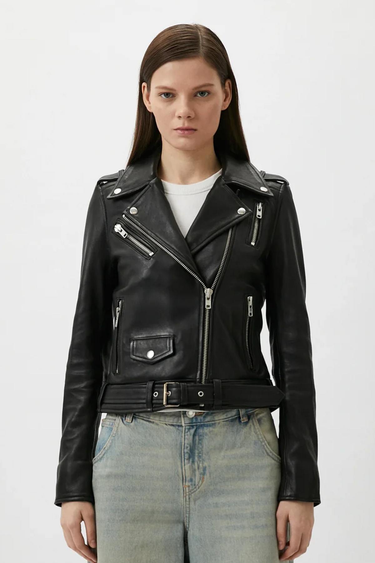 Women's black leather biker jacket with belt - Image n°1