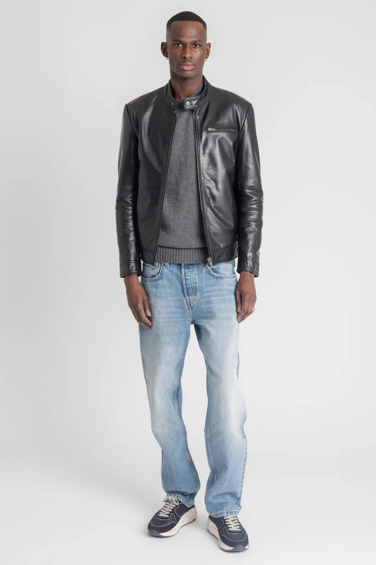 Black smooth leather jacket with minimalist biker collar - Image n°3