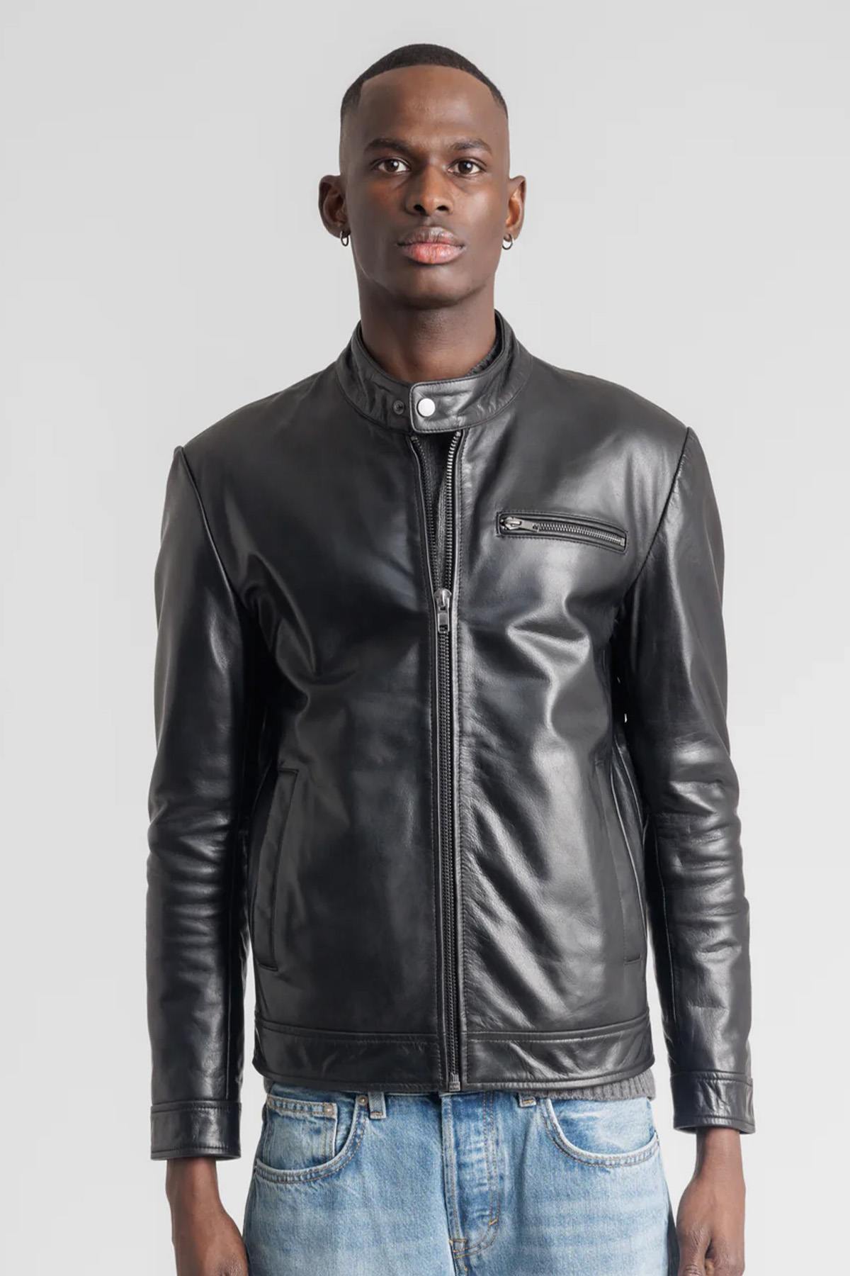 Black smooth leather jacket with minimalist biker collar - Image n°1