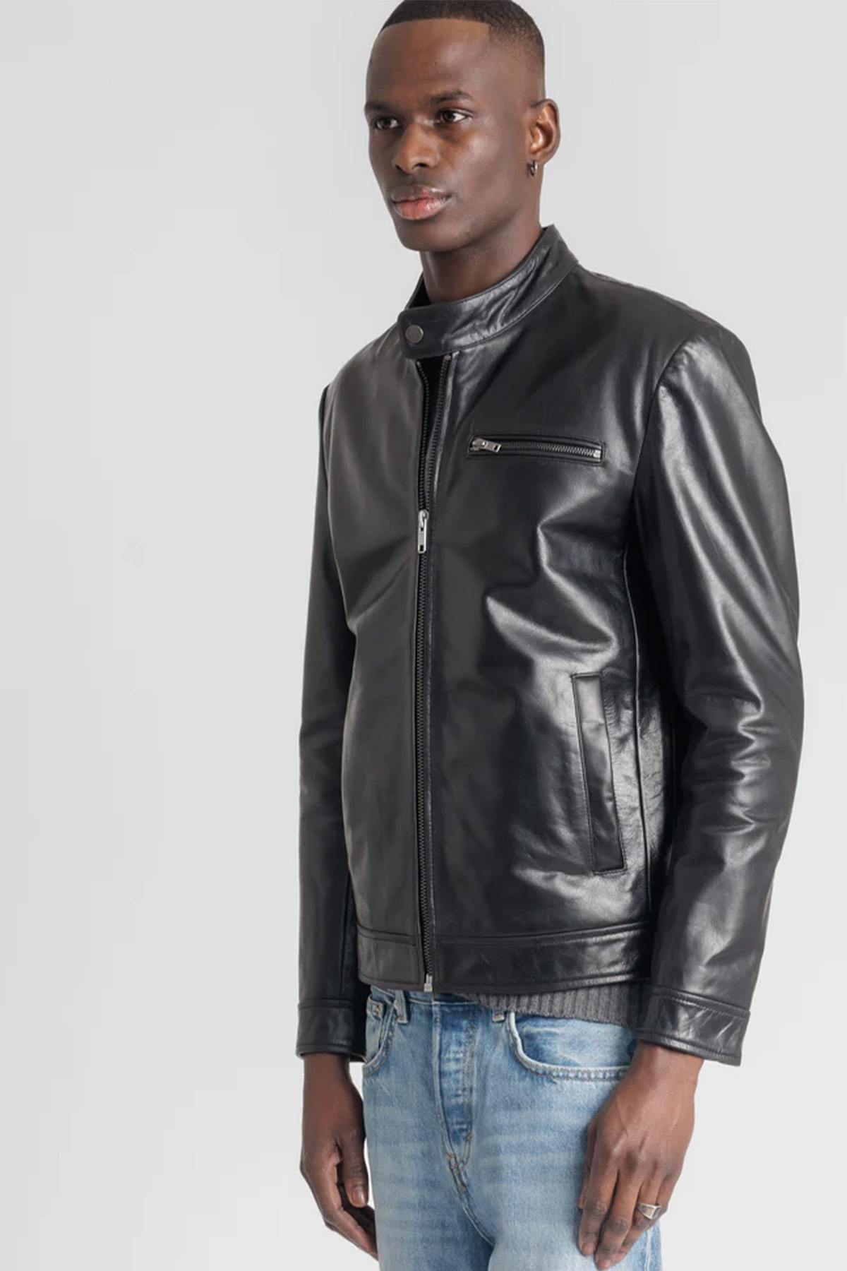 Black smooth leather jacket with minimalist biker collar - Image n°5