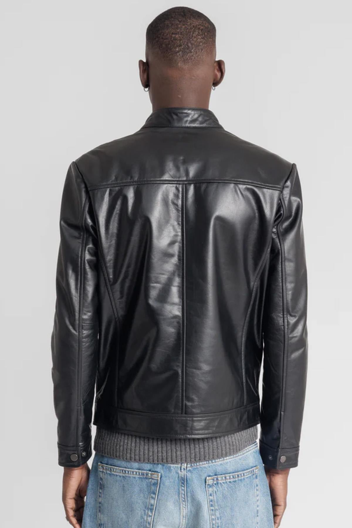 Black smooth leather jacket with minimalist biker collar - Image n°2