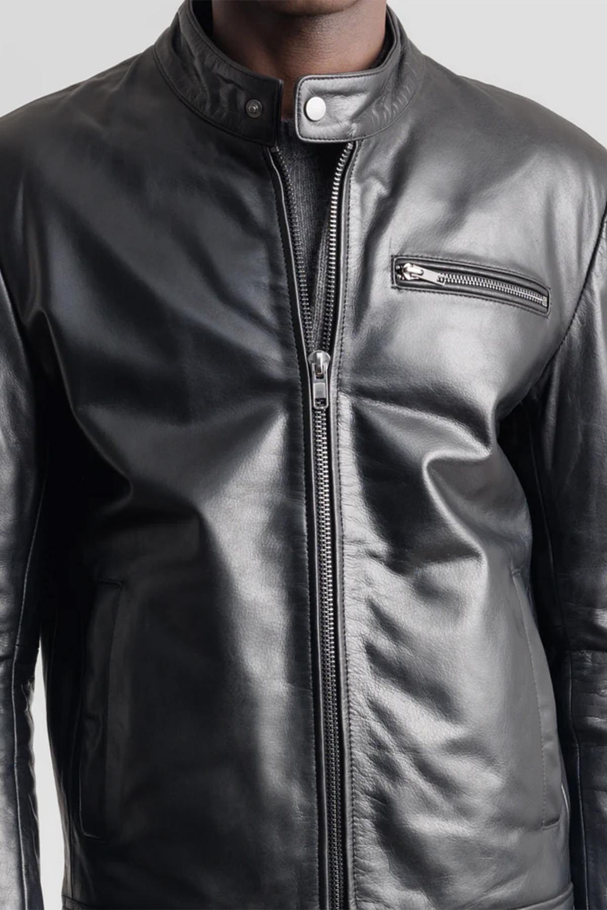 Black smooth leather jacket with minimalist biker collar - Image n°4