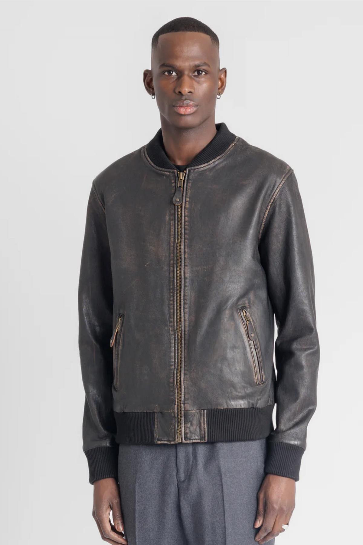 Women's Distressed Leather Bomber Jacket - Image n°1