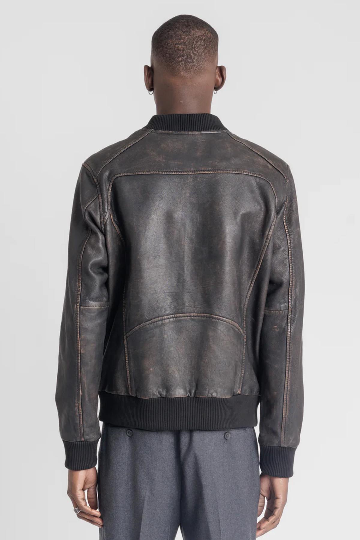 Women's Distressed Leather Bomber Jacket - Image n°2