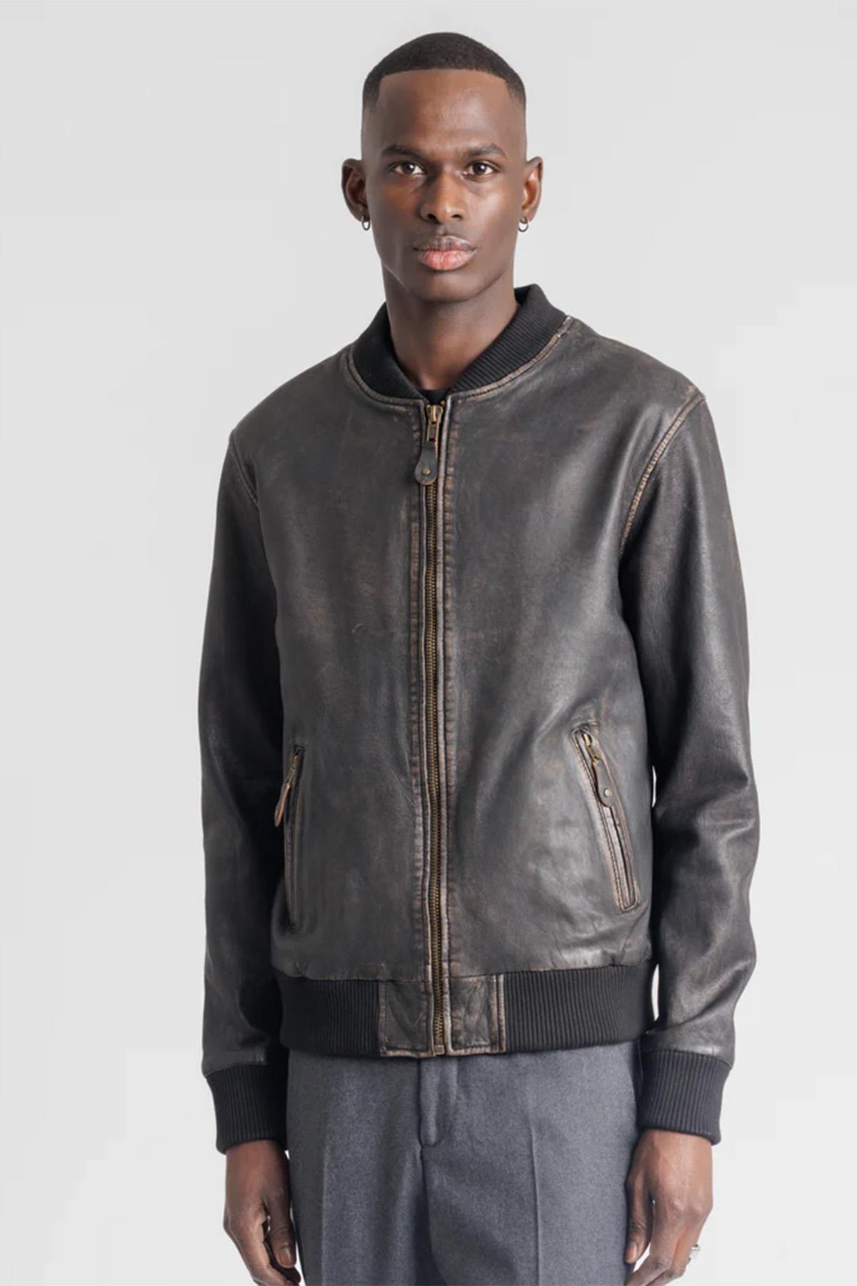 Women's Distressed Leather Bomber Jacket - Image n°4