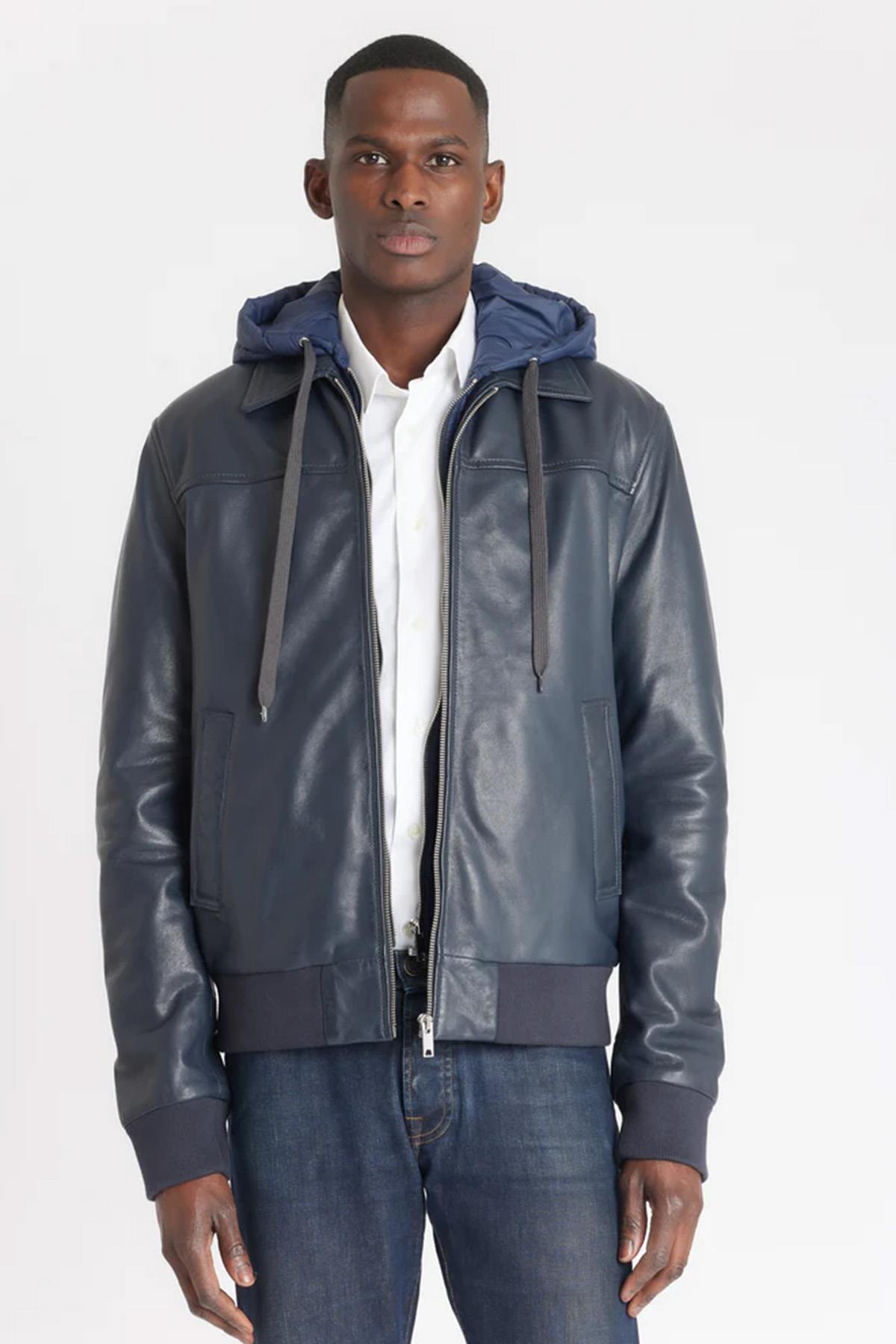 Navy blue shirt collar leather jacket with removable hood - Image n°4