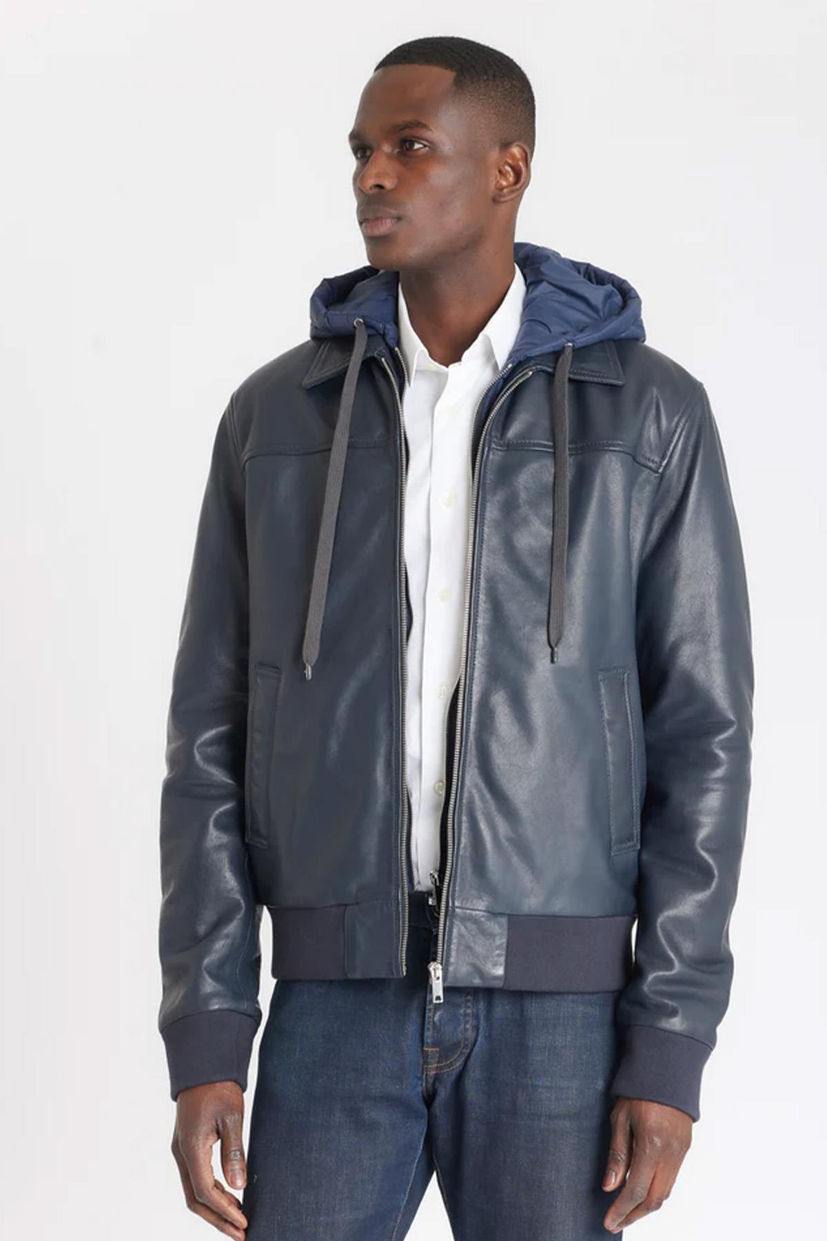 Navy blue shirt collar leather jacket with removable hood - Image n°1