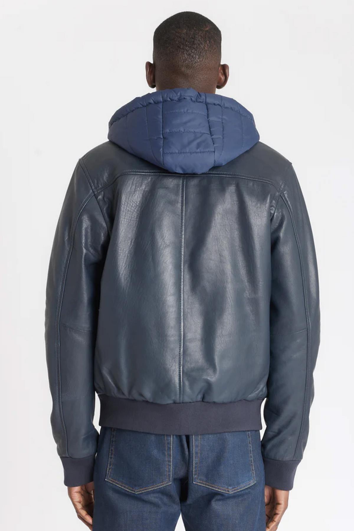 Navy blue shirt collar leather jacket with removable hood - Image n°2