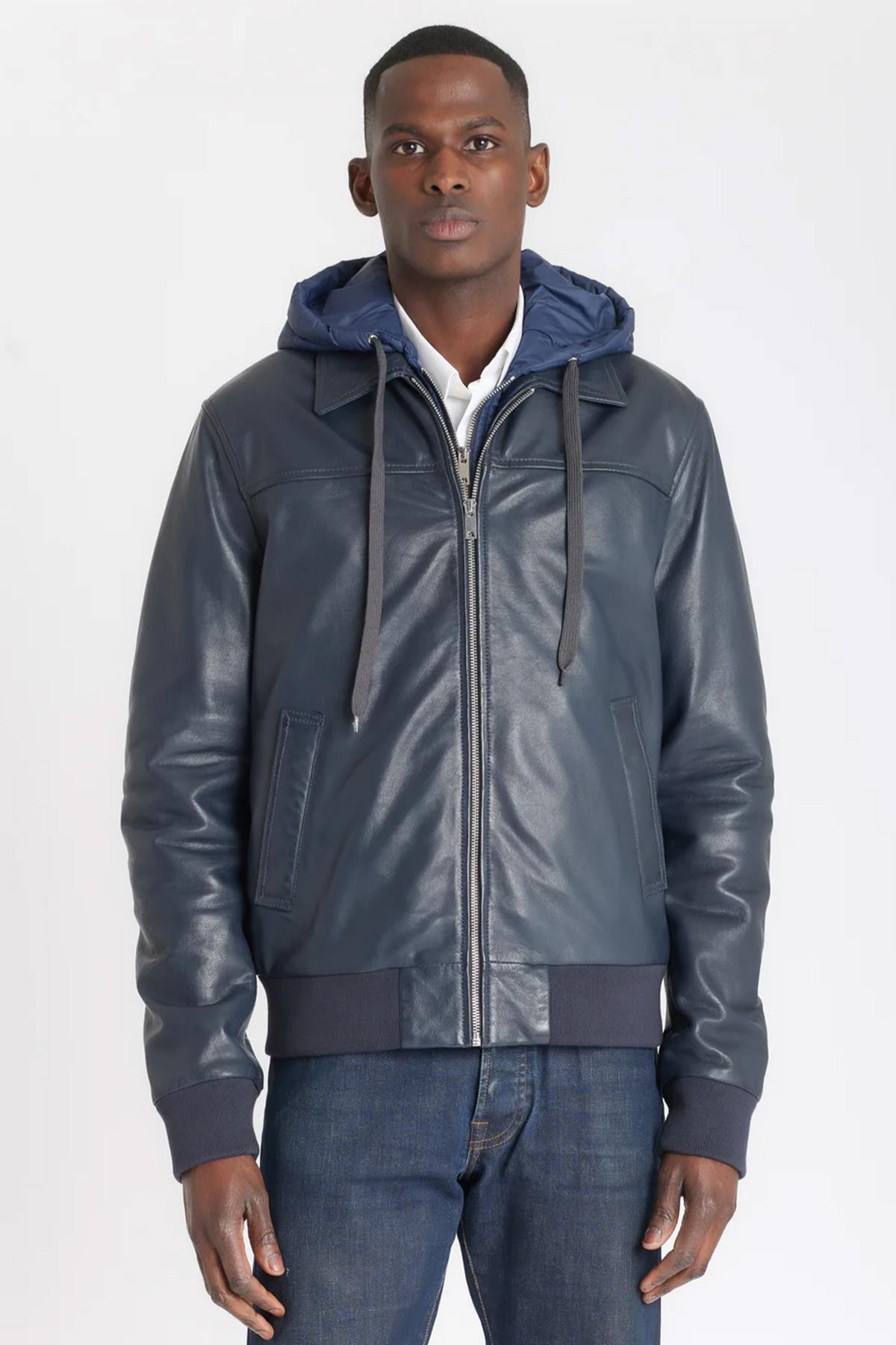 Navy blue shirt collar leather jacket with removable hood - Image n°3