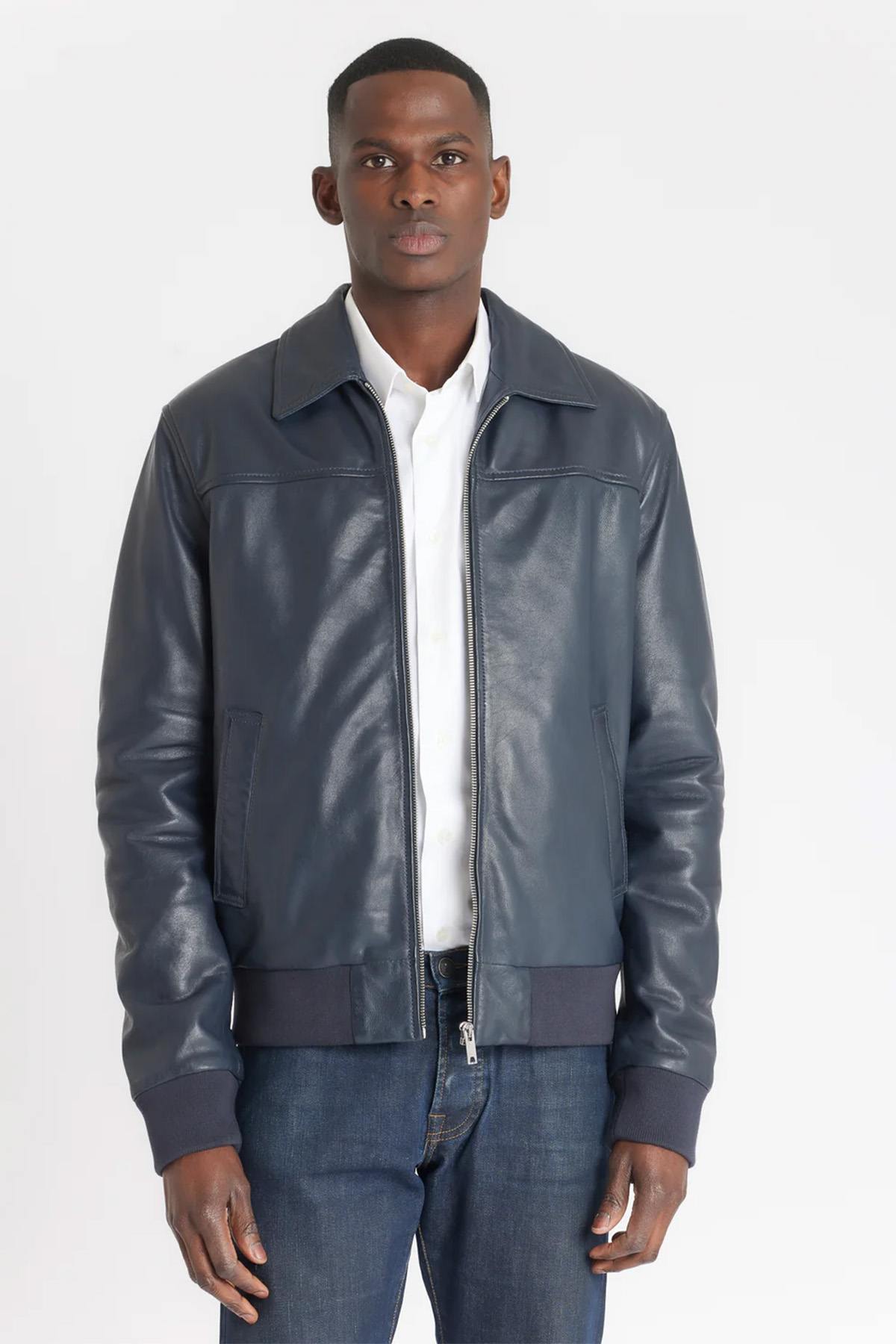 Navy blue shirt collar leather jacket with removable hood - Image n°5