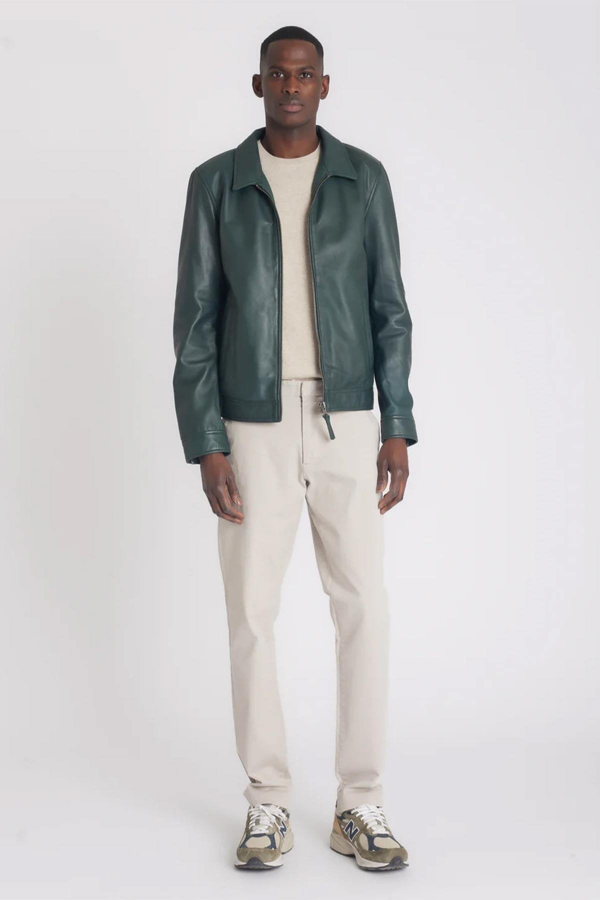 Green washed leather shirt collar jacket - Image n°3