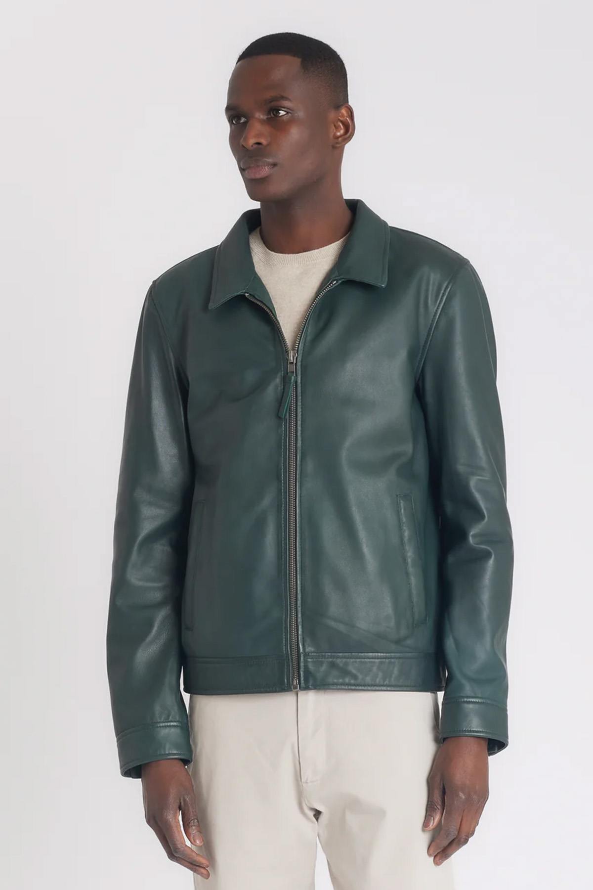 Green washed leather shirt collar jacket - Image n°1